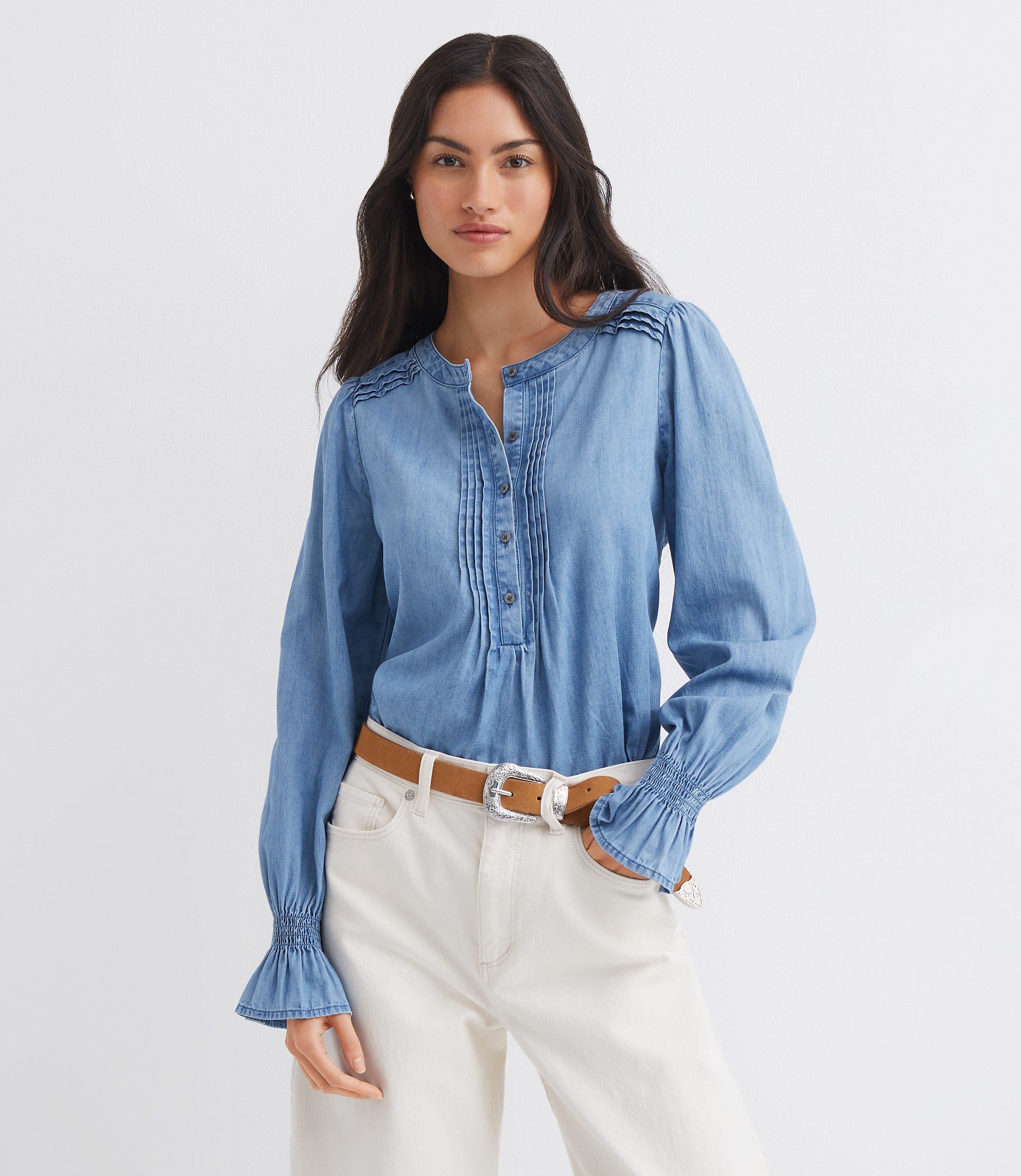 Chambray Pleated Henley Blouse