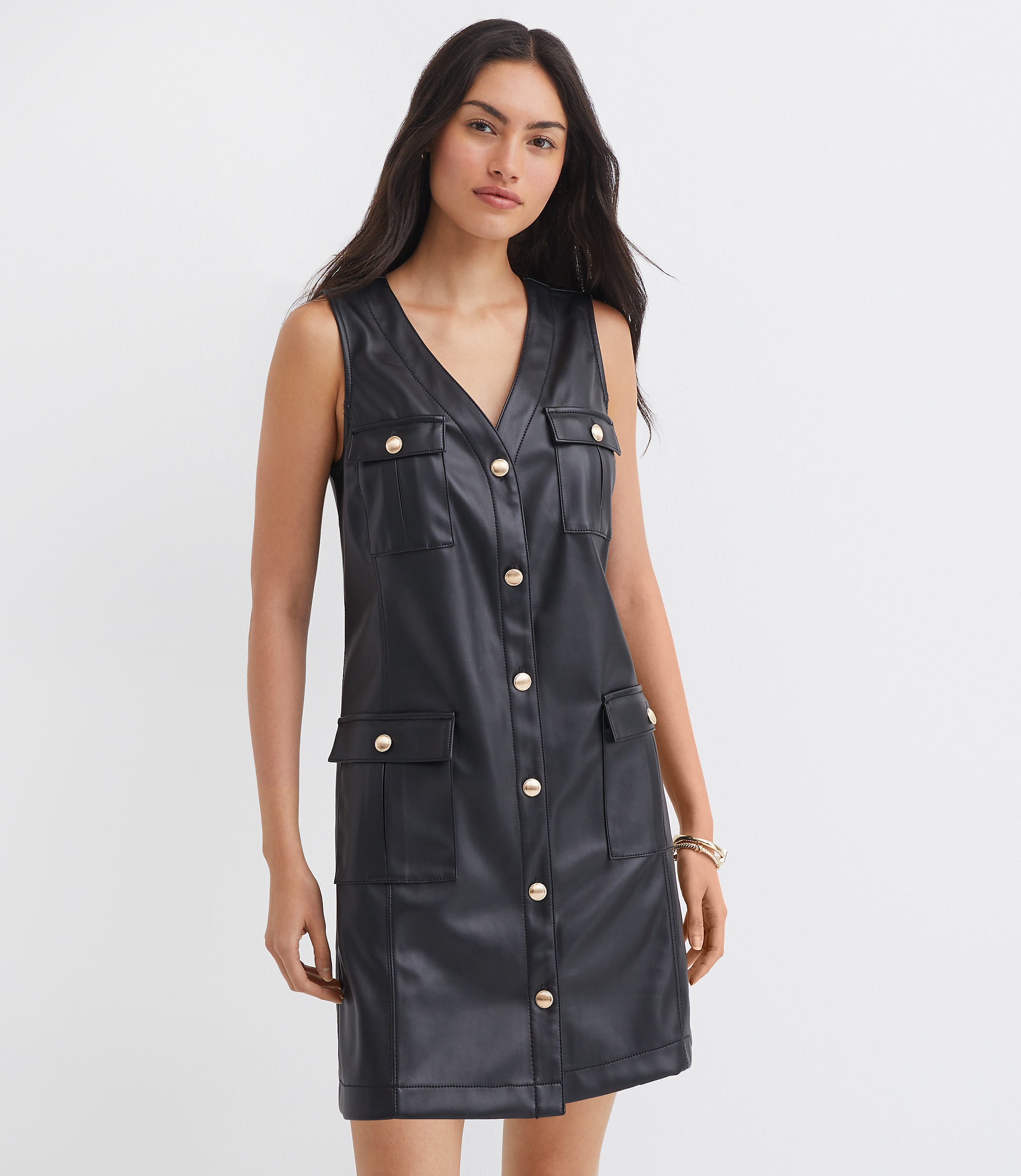 Petite Faux Leather Mini Pocket Dress