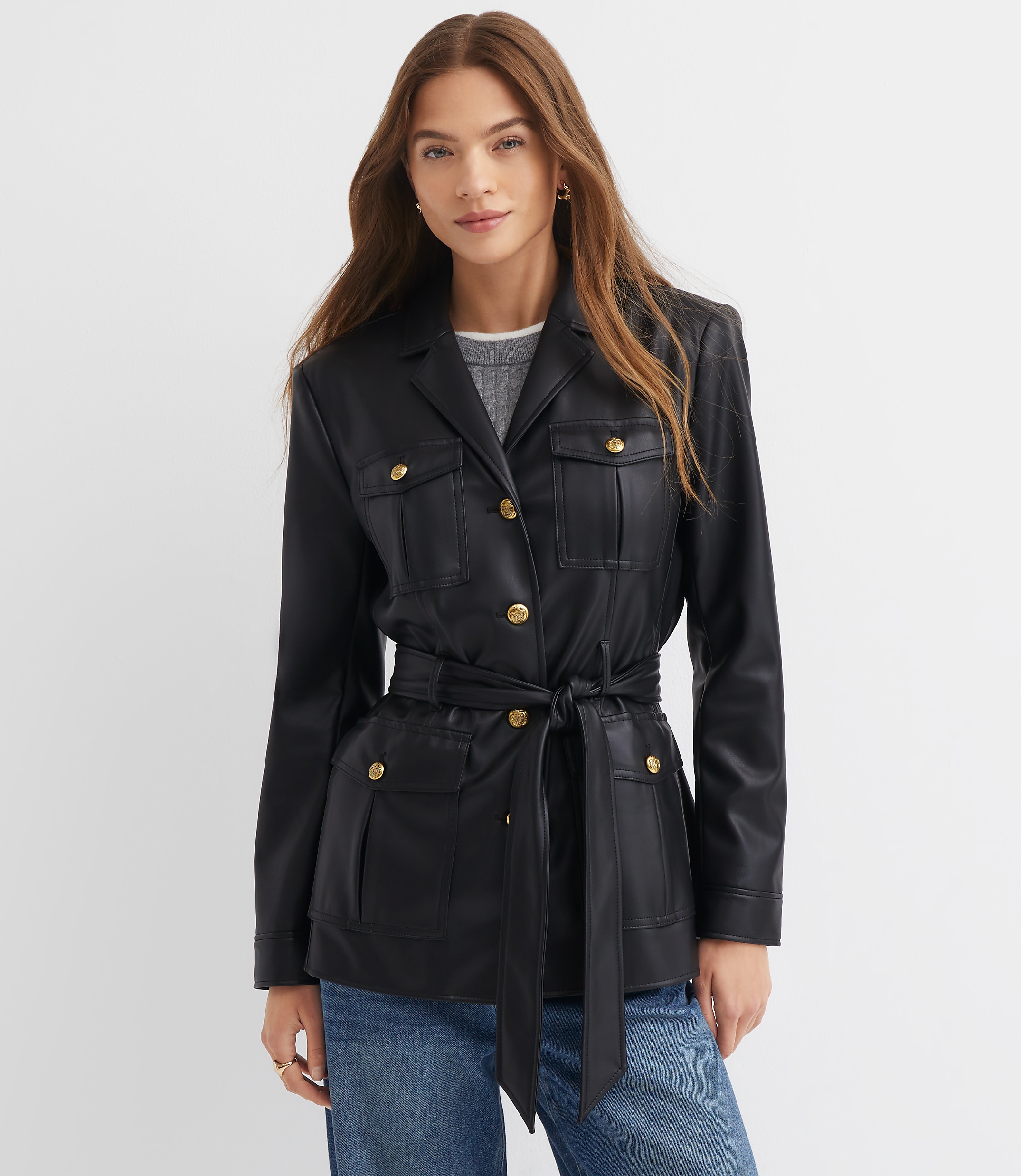 Faux Leather Belted Jacket