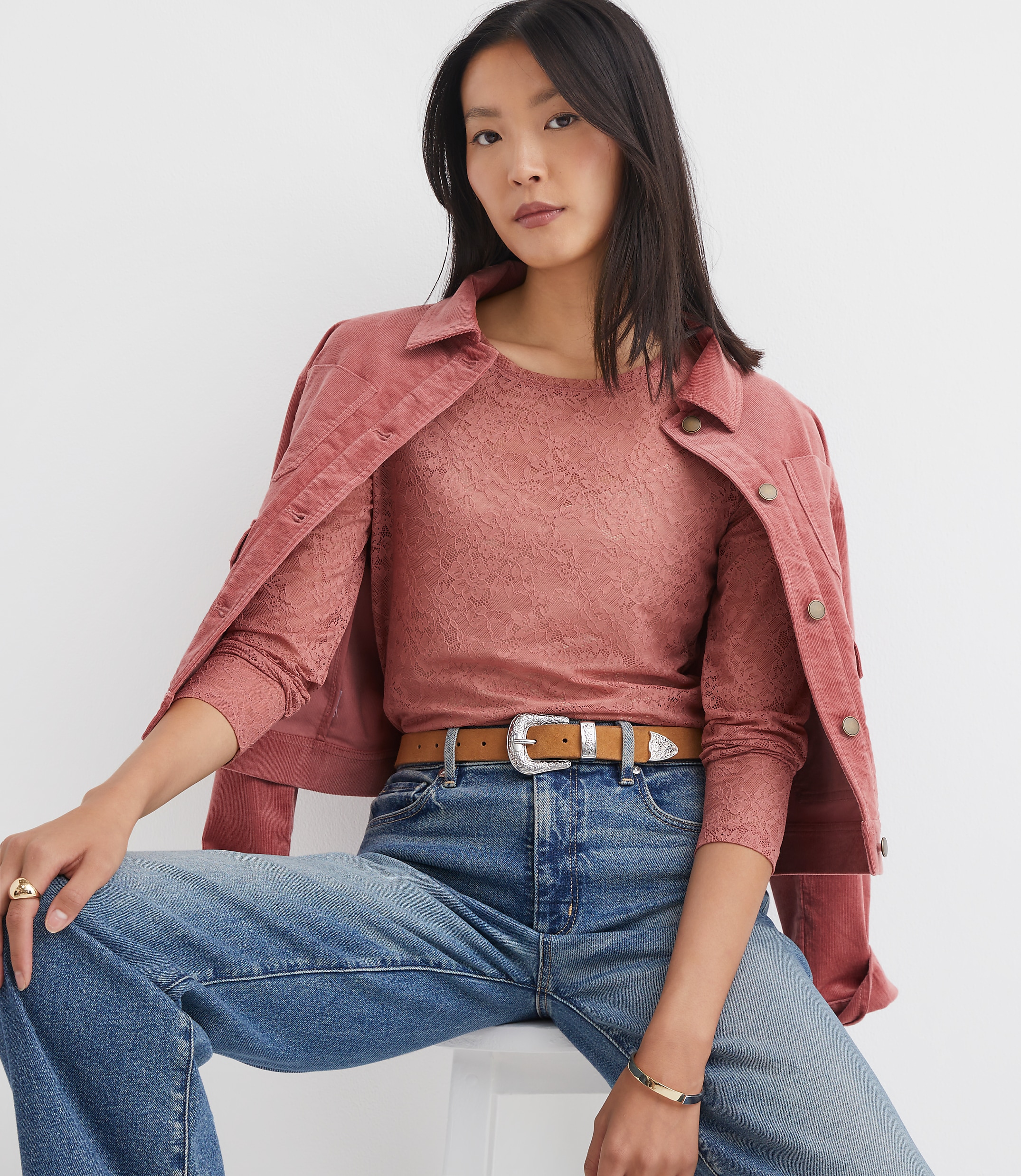 Petite Floral Lace Long Sleeve Crew Neck Tee