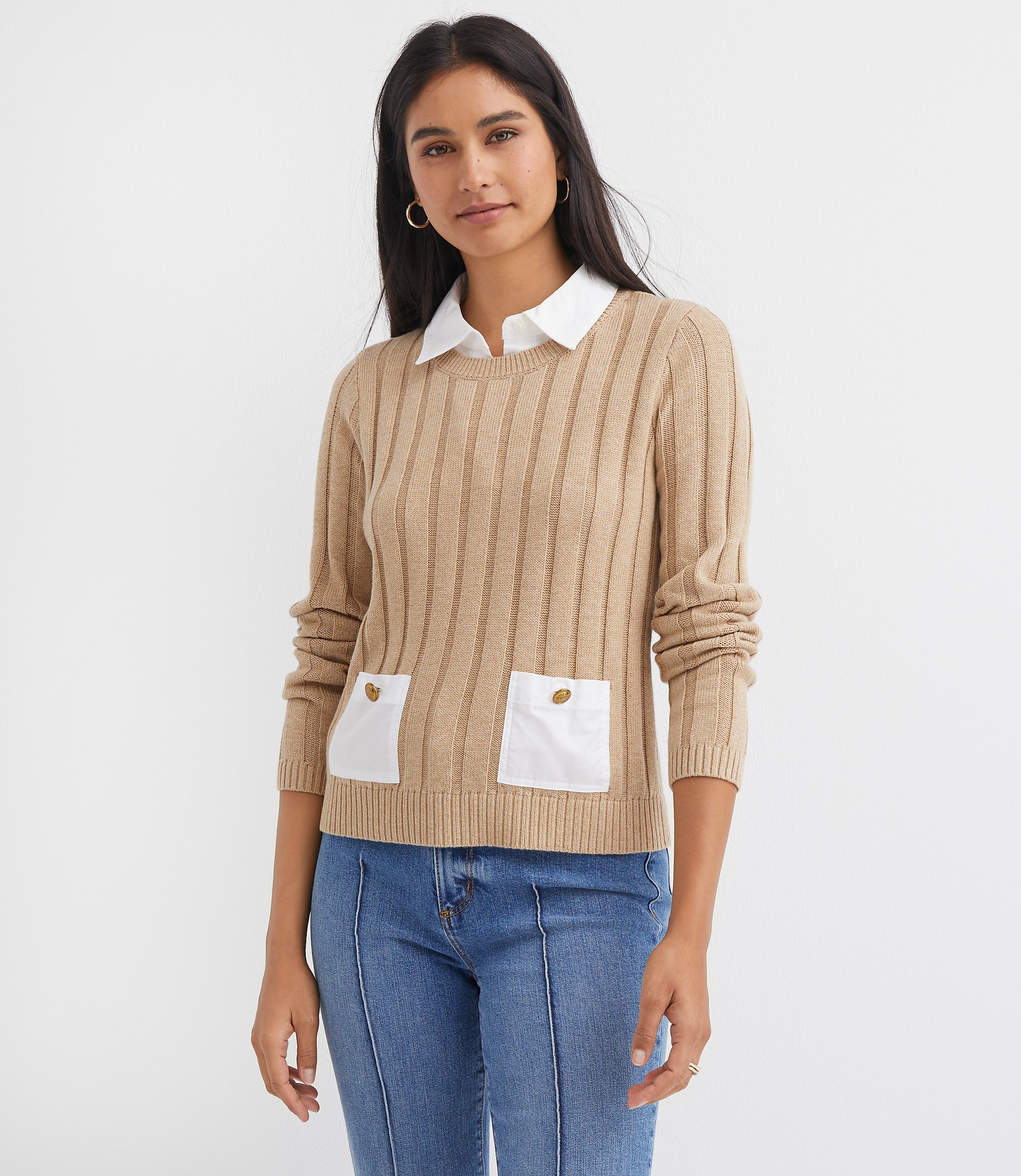 Ribbed Mixed Media Pocket Sweater