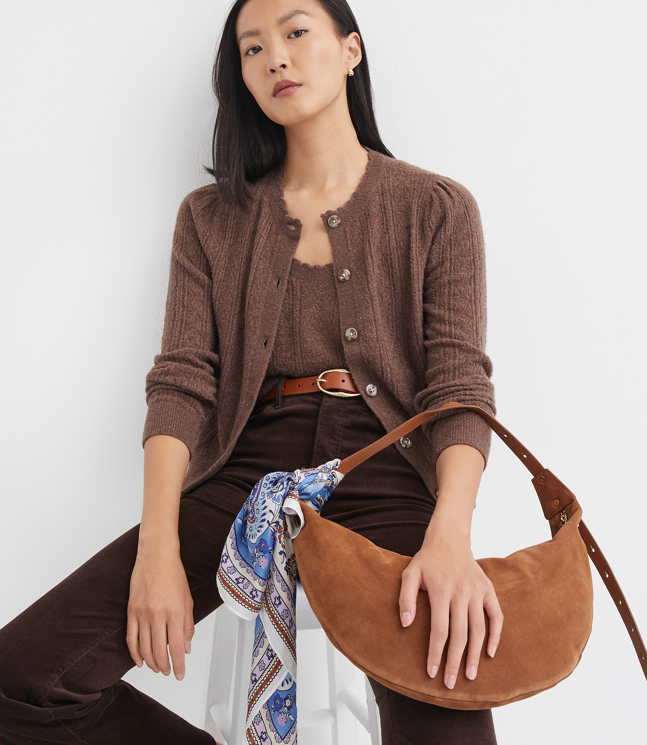 Scalloped Pointelle Puff Sleeve Cardigan