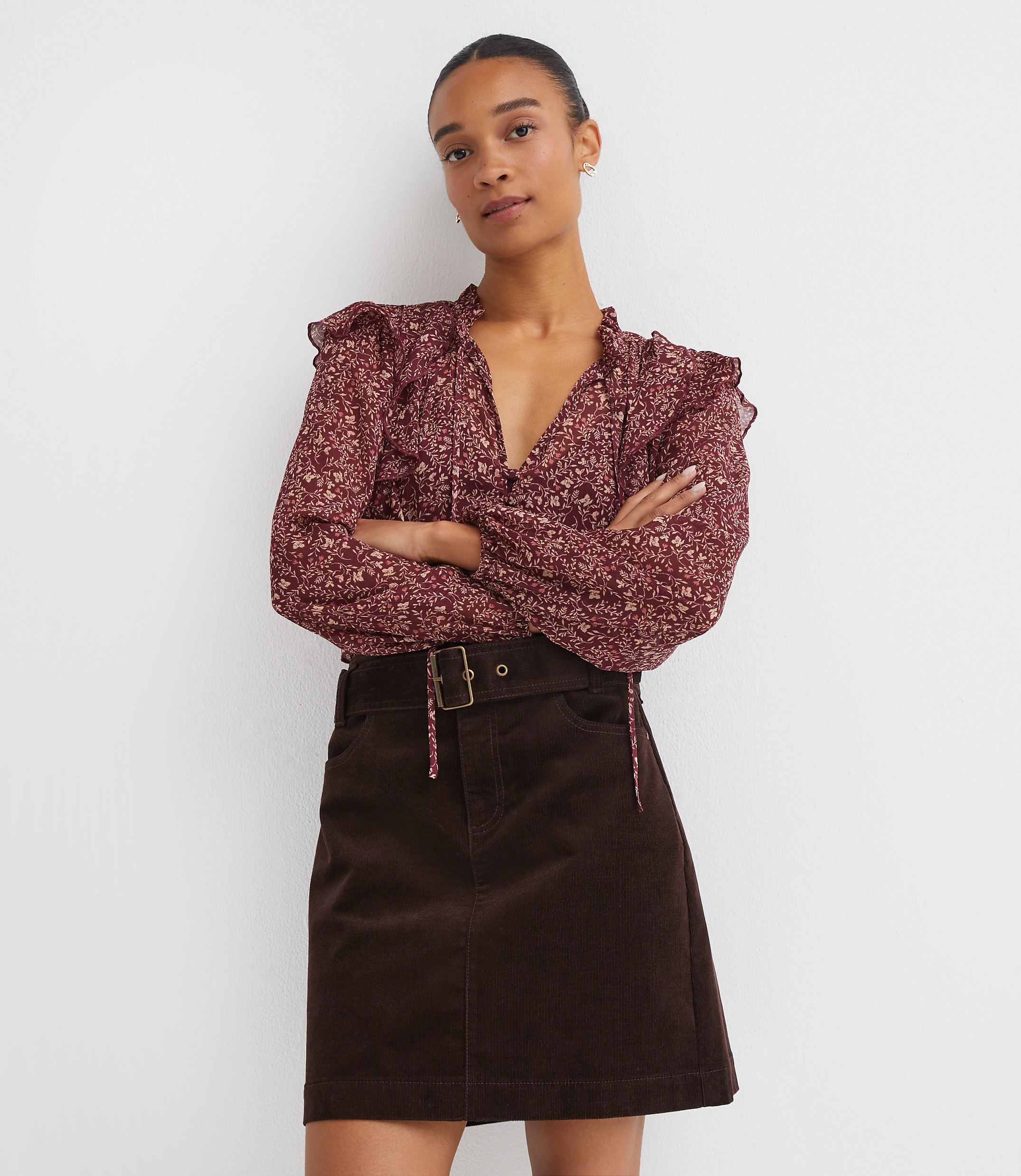 Brushed Corduroy Belted Mini Pocket Skirt