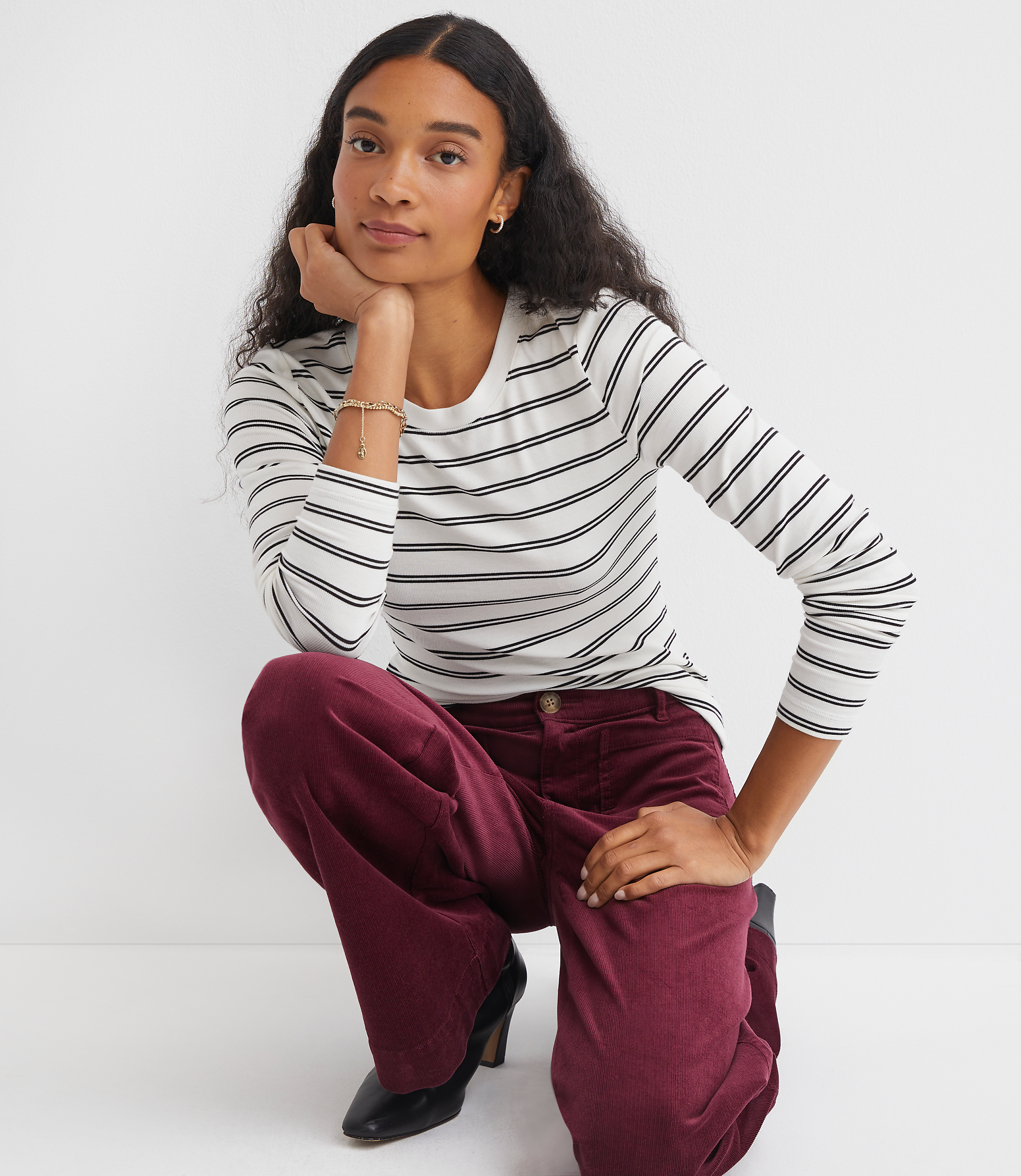 Stripe Ribbed Crew Neck Long Sleeve Tee