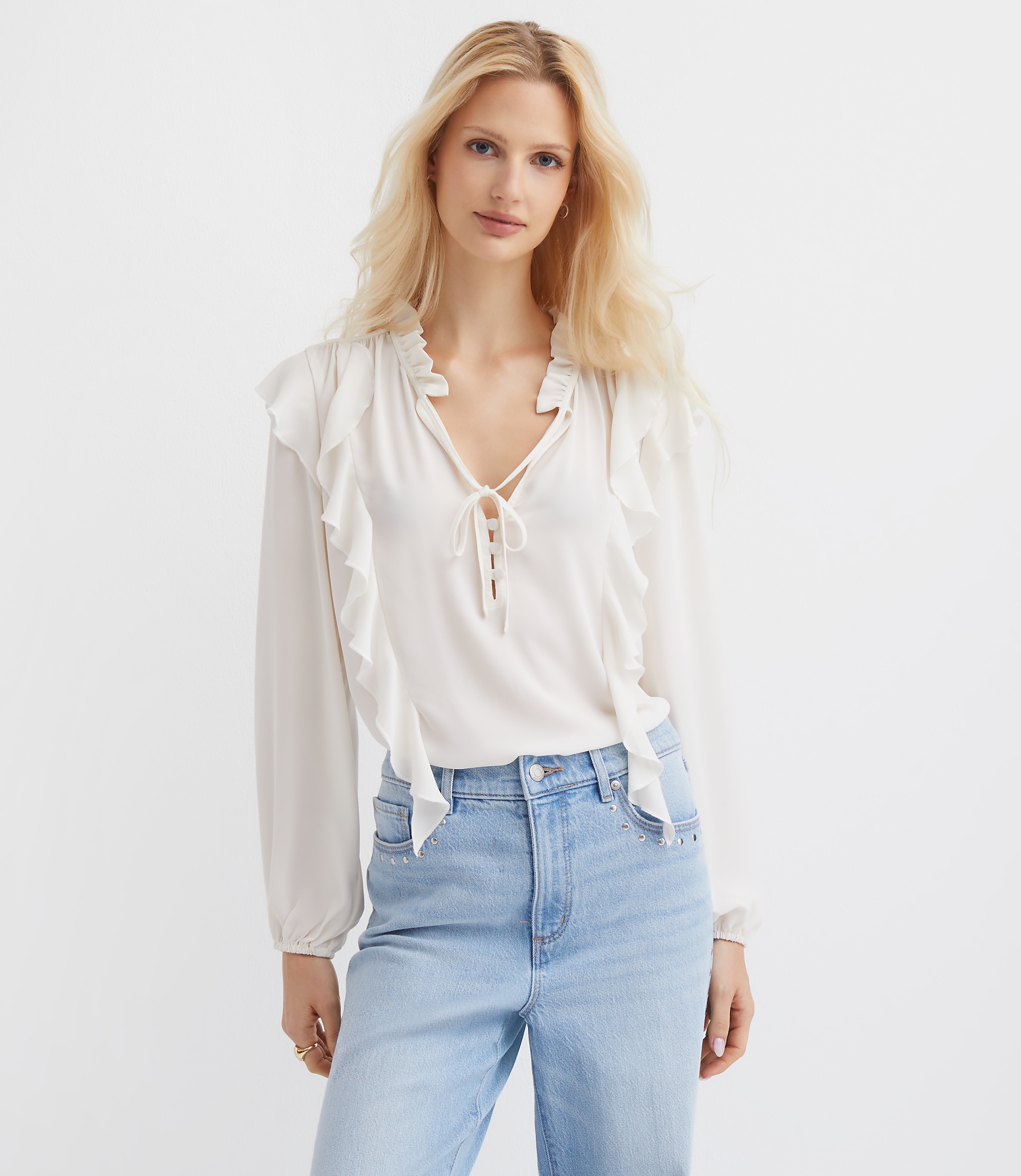 Ruffle Button Tie Neck Blouse