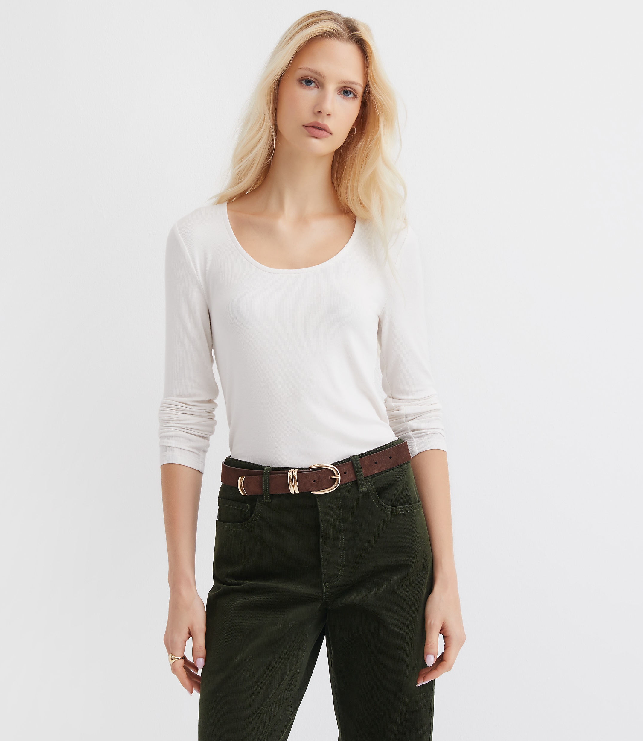 Ribbed Scoop Neck Long Sleeve Tee
