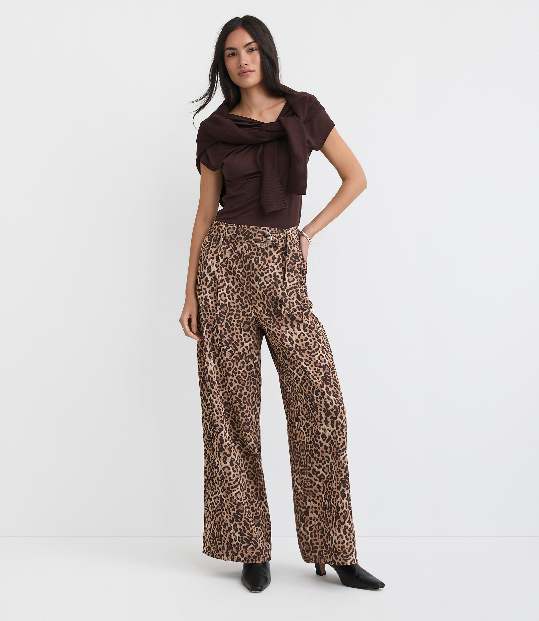 Petite Belted Fluid Pull On Wide Leg Pants in Leopard Print