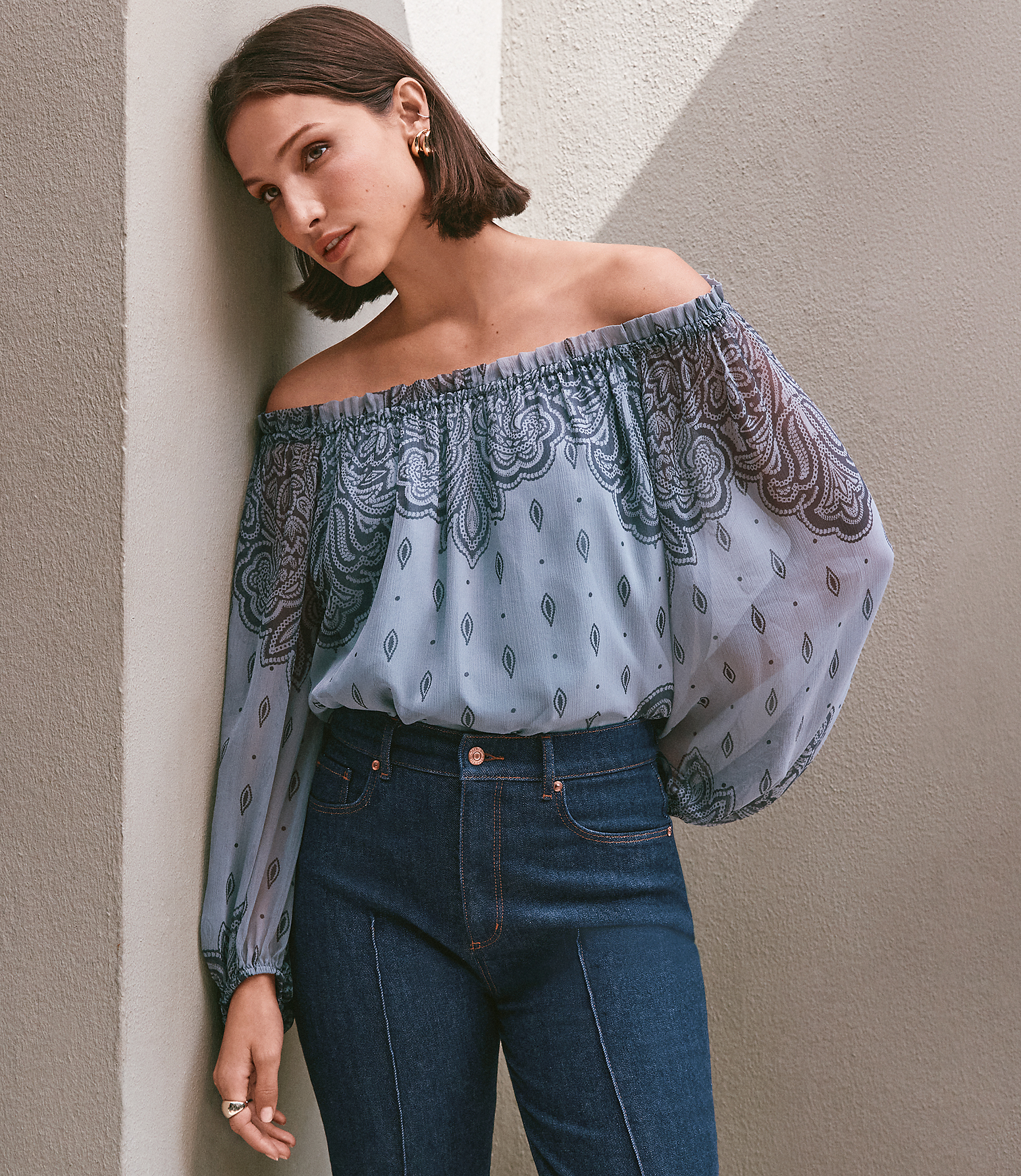 Petite Paisley Ruffle Neck Tie Cuff Blouse