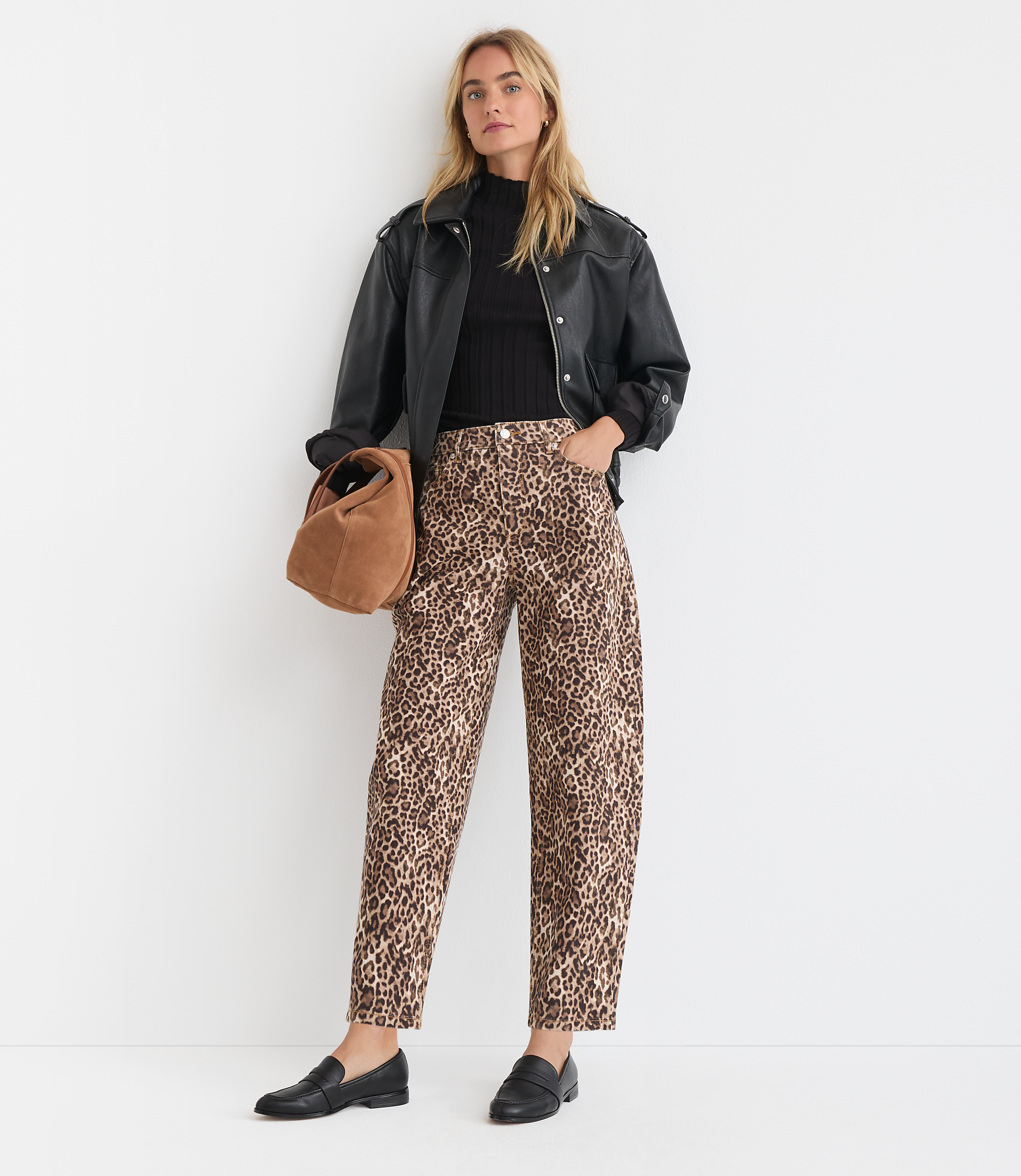 Petite High Rise Barrel Jeans in Leopard Print