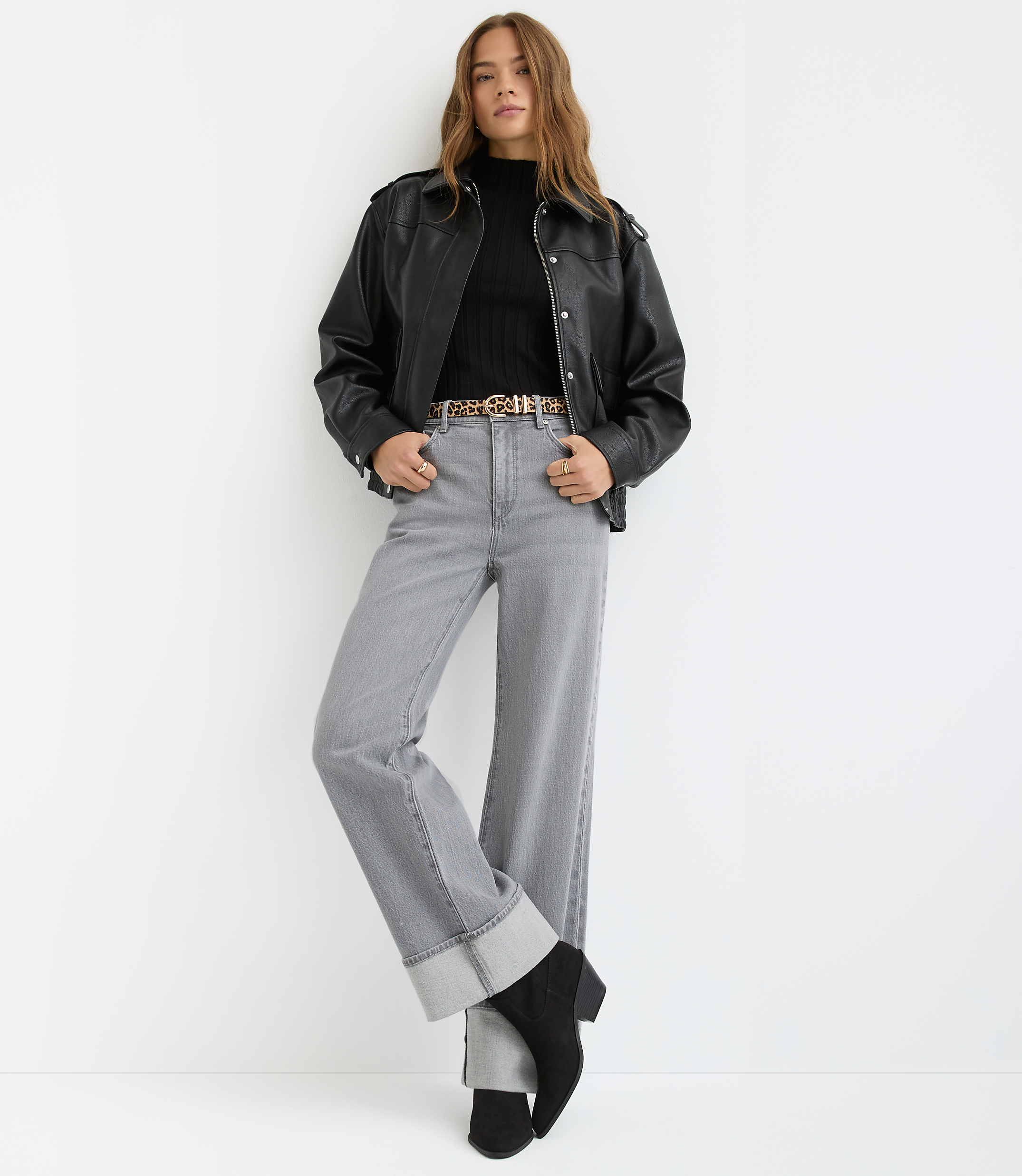 Petite Cuffed High Rise Wide Leg Jeans in Grey