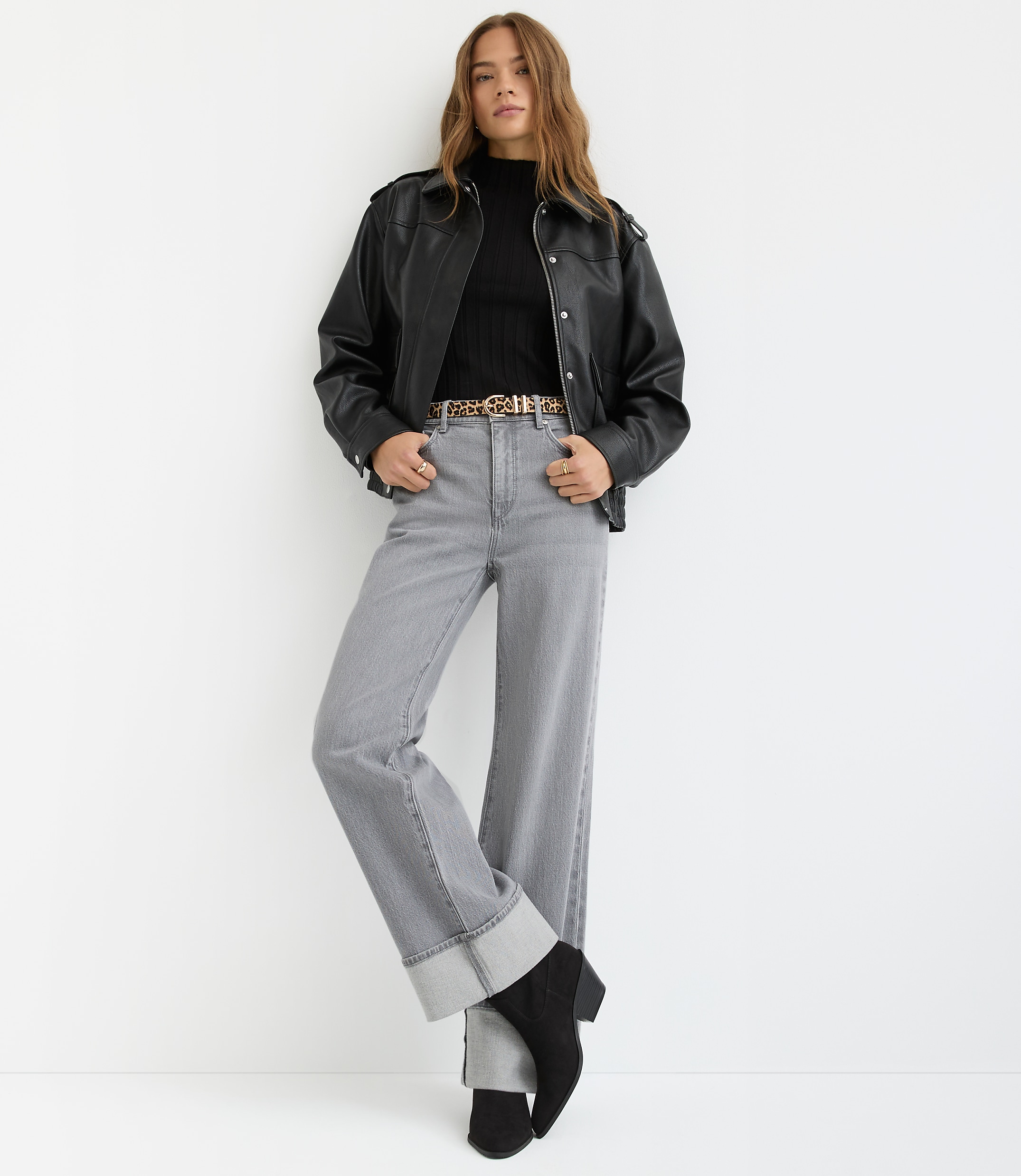 Cuffed High Rise Wide Leg Jeans in Grey