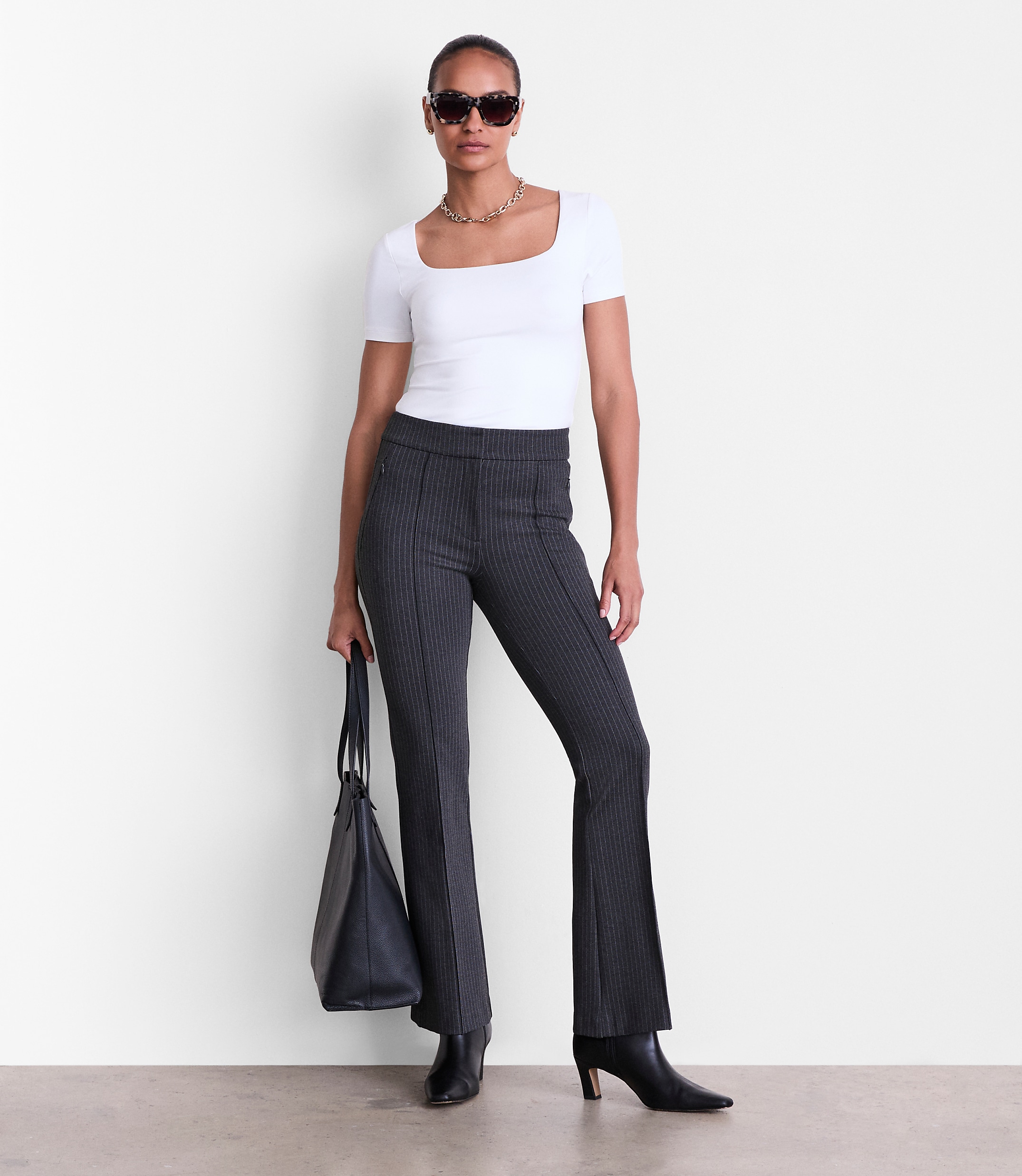 Tall LOFT Versa Pintucked Ponte Flare Pants in Pinstripe