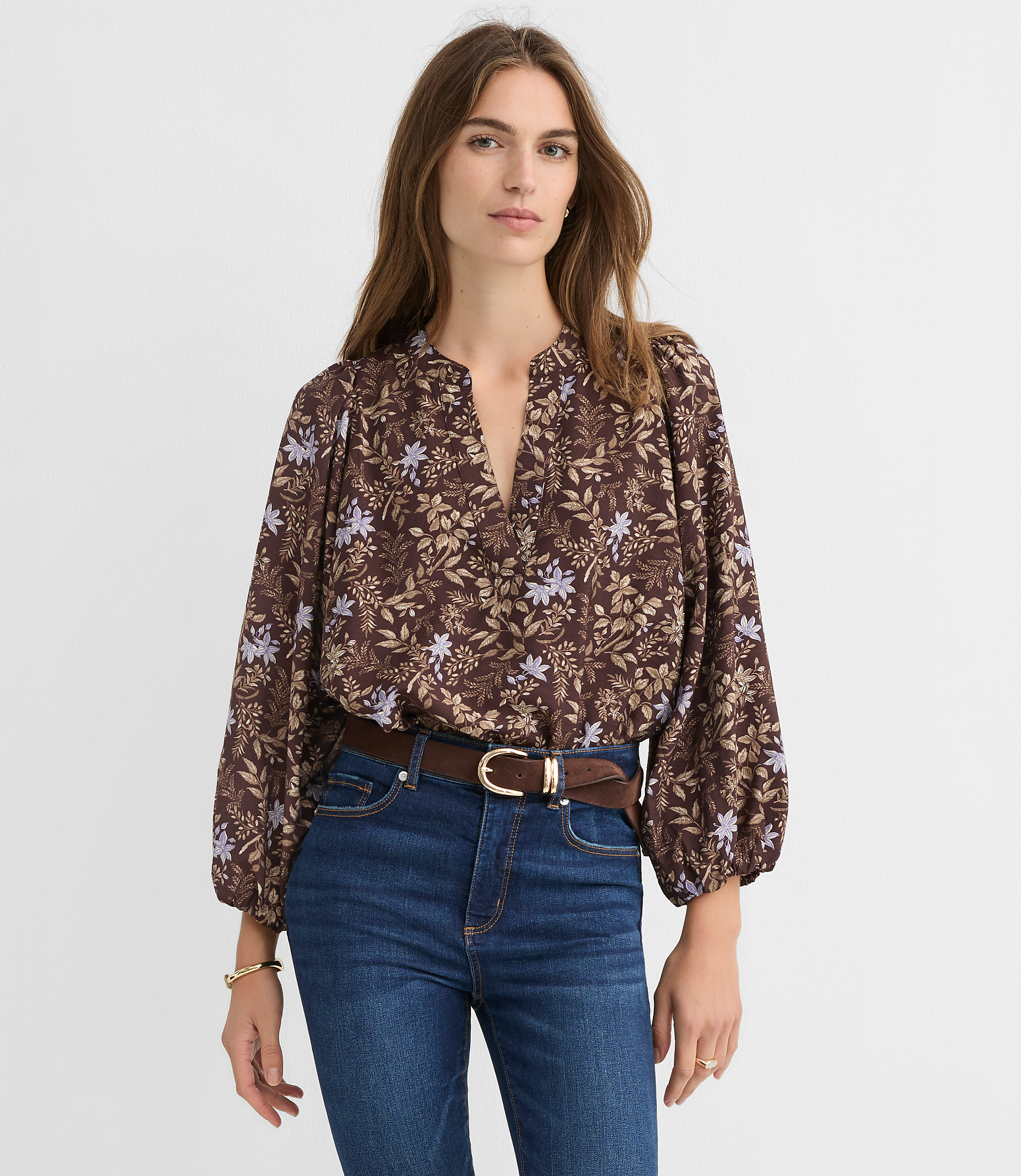 Petite Garden Blouson Sleeve Split Neck Blouse