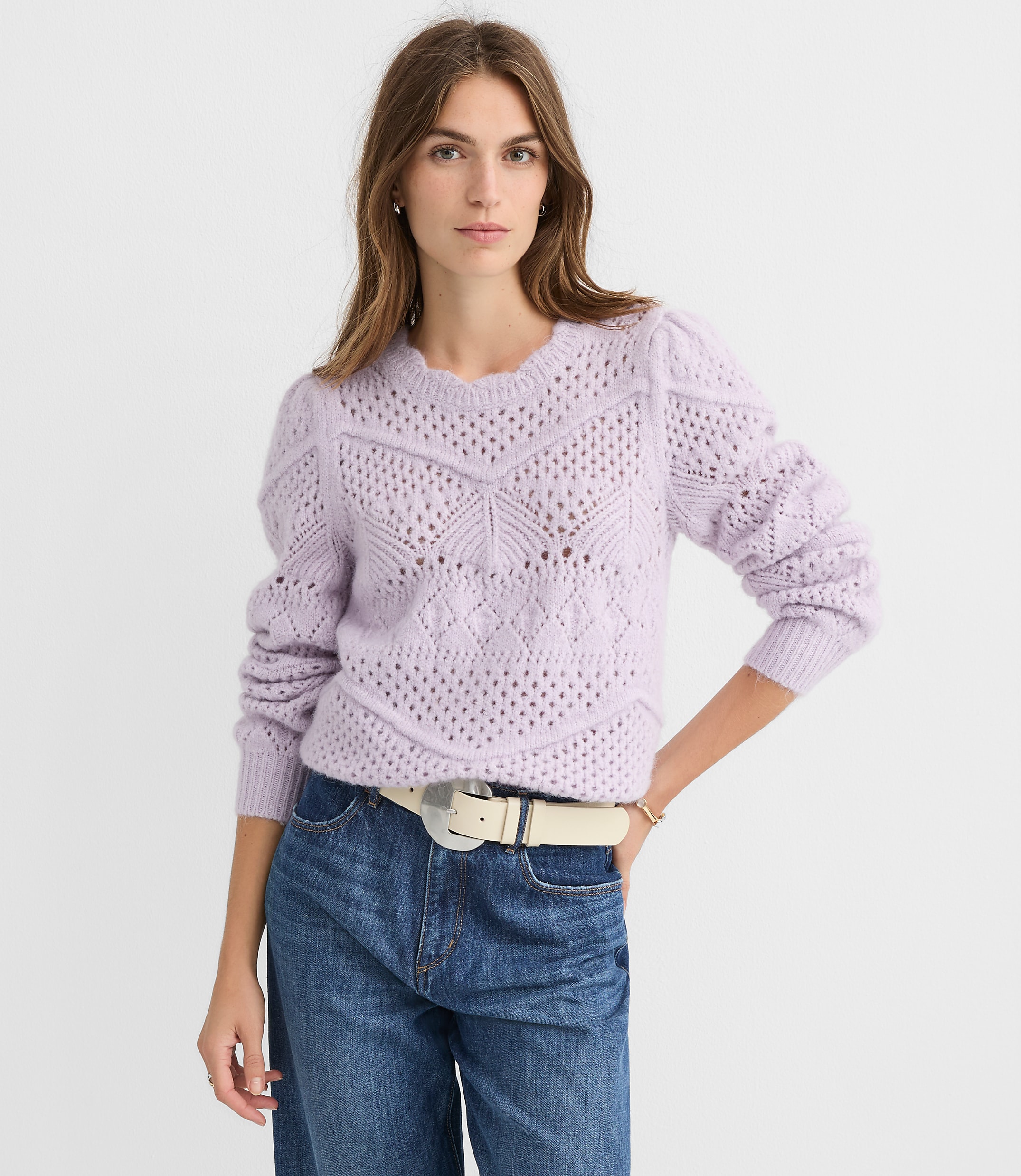 Petite Scalloped Pointelle Puff Sleeve Sweater