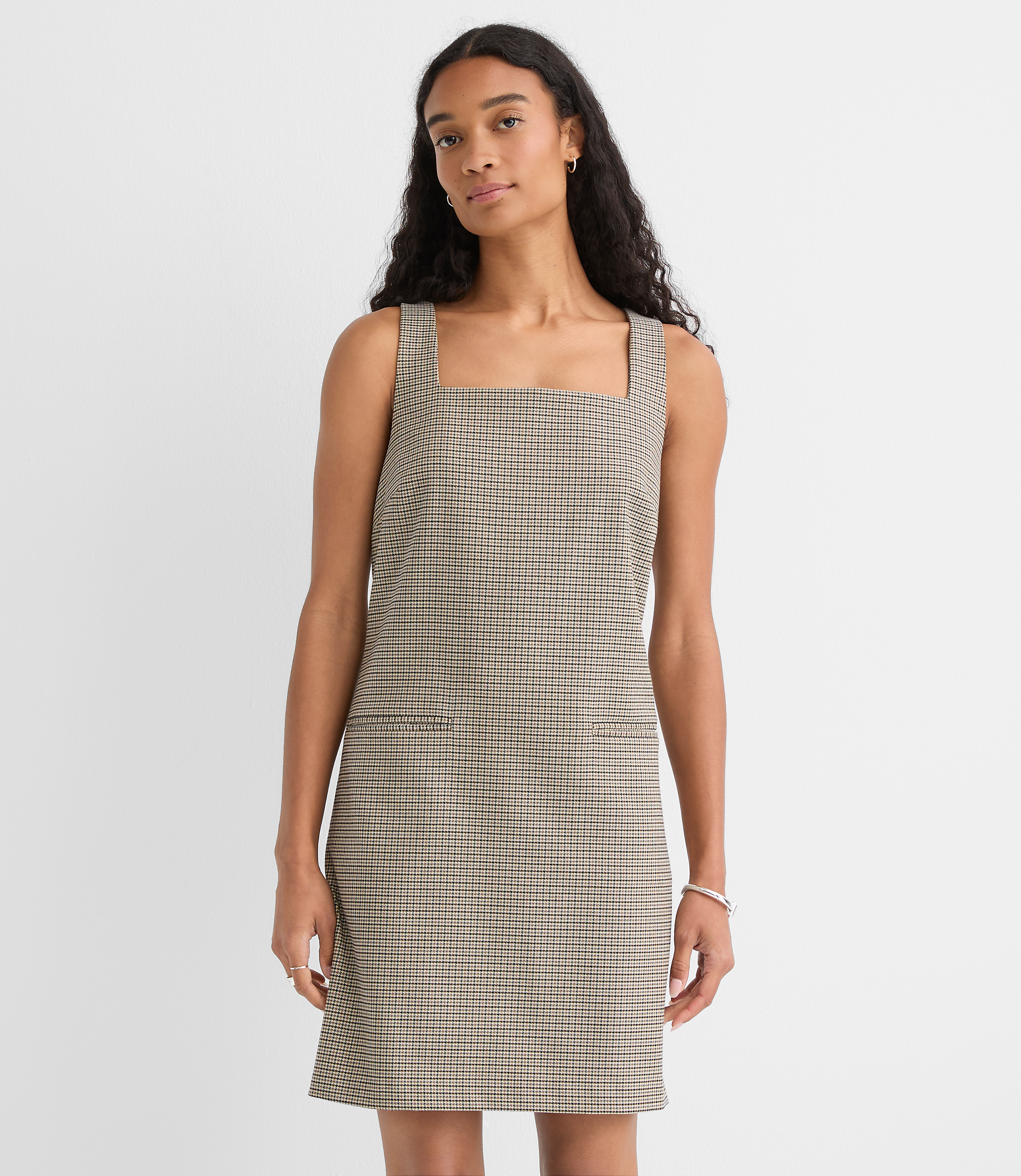 Petite Plaid Square Neck Mini Pocket Dress