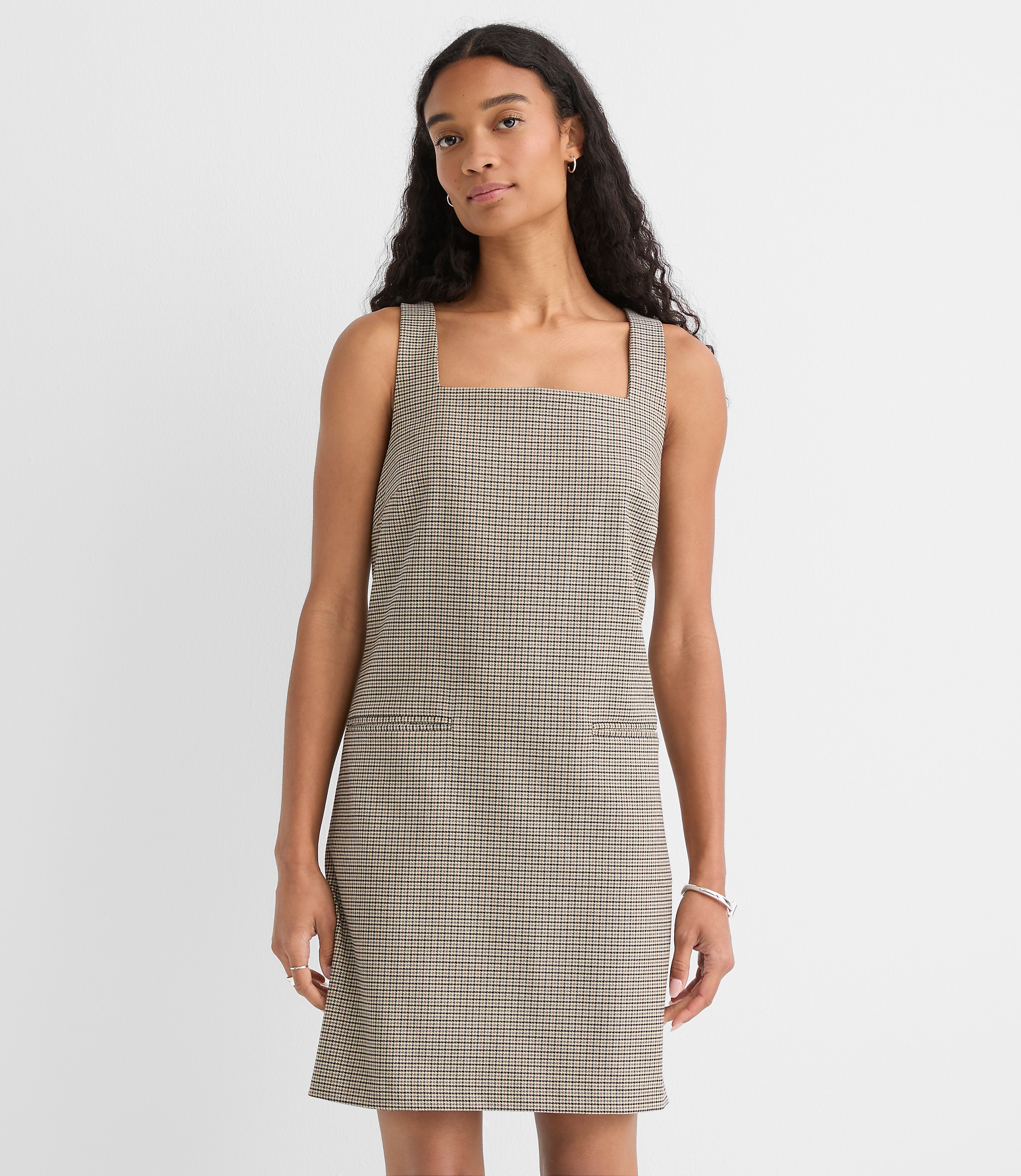Plaid Square Neck Mini Pocket Dress