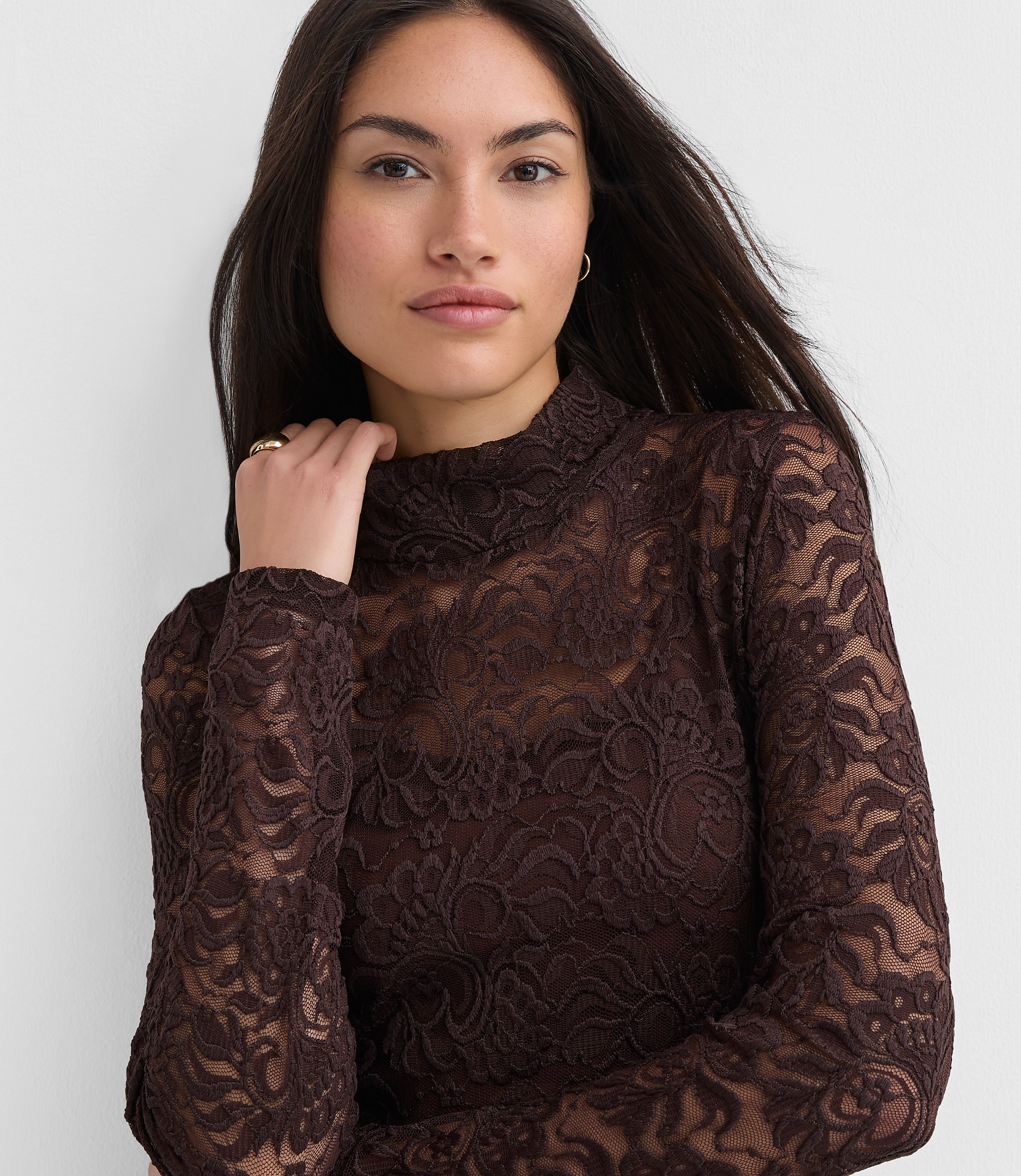 Petite Lace Long Sleeve Turtleneck Top