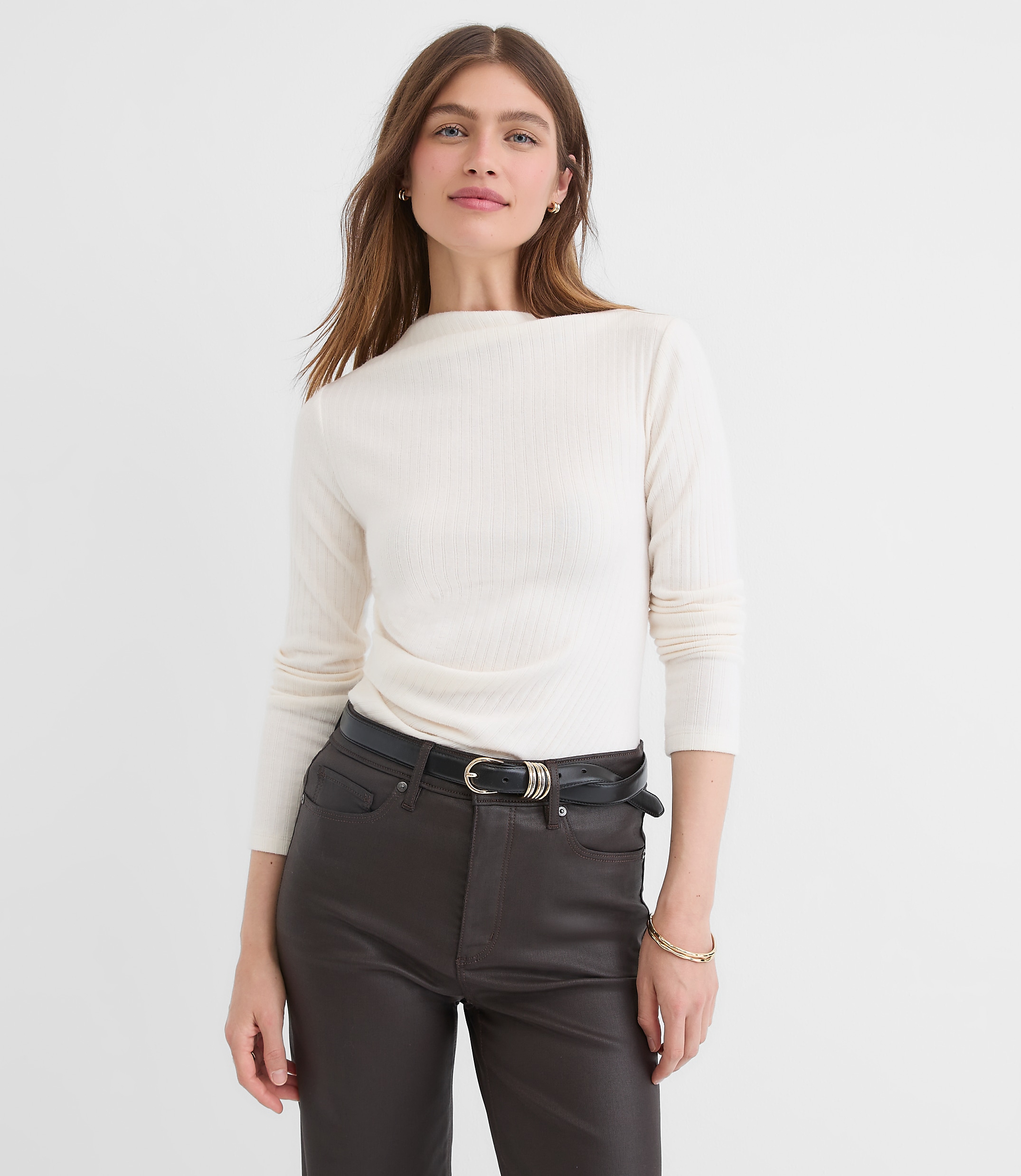 Petite Cozy Ribbed Asymmetric Neck Top