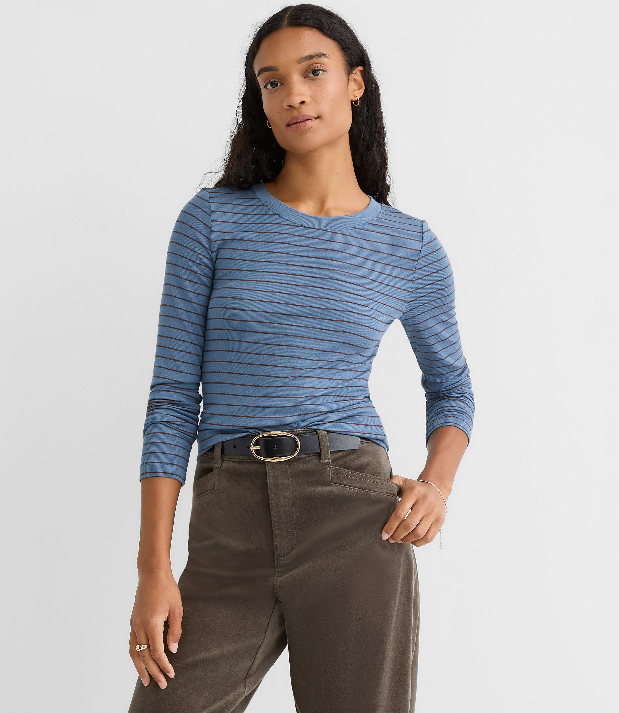 Striped Micro Modal Crew Neck Long Sleeve Tee