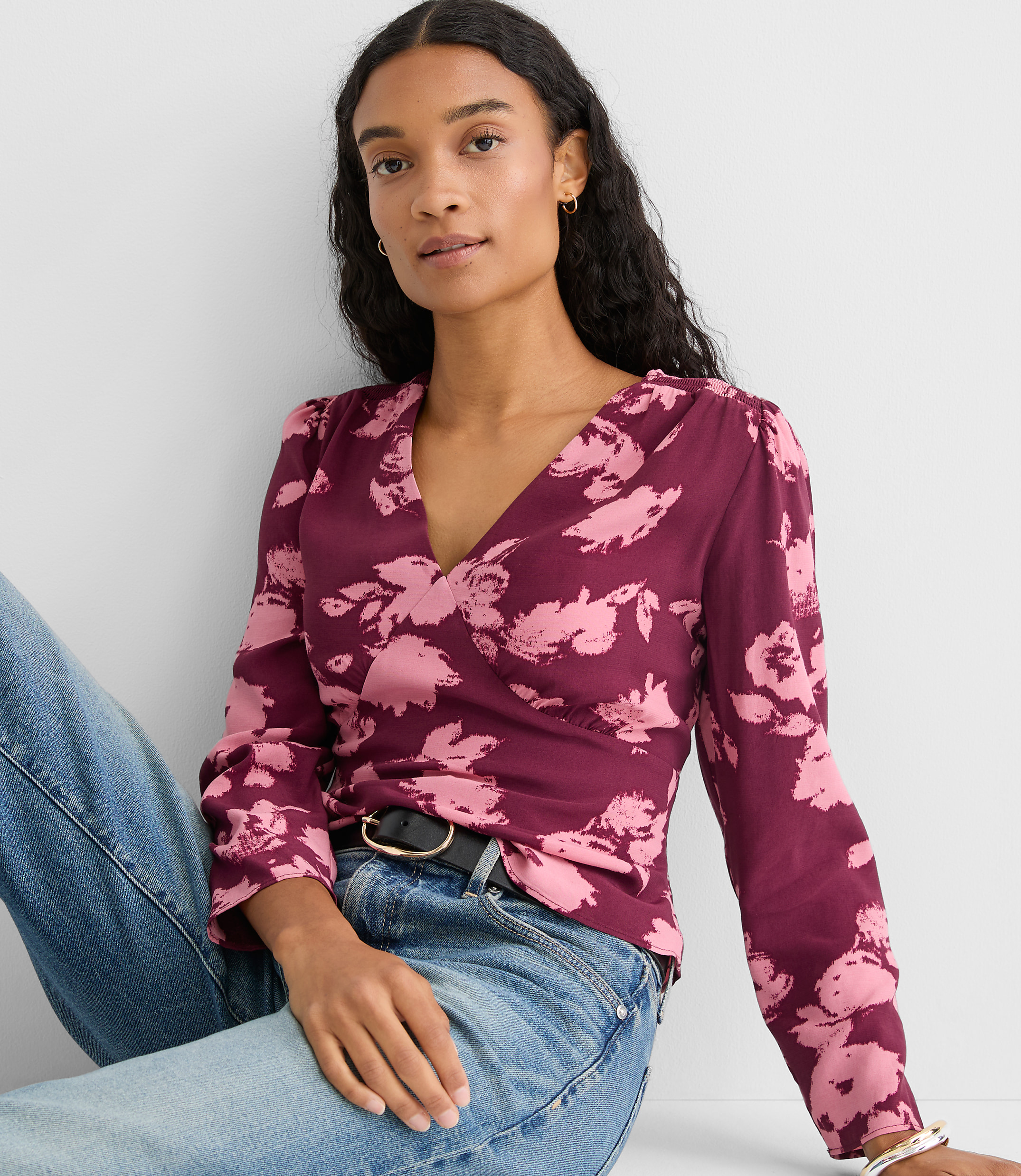 Petite Floral Smocked V-Neck Blouse
