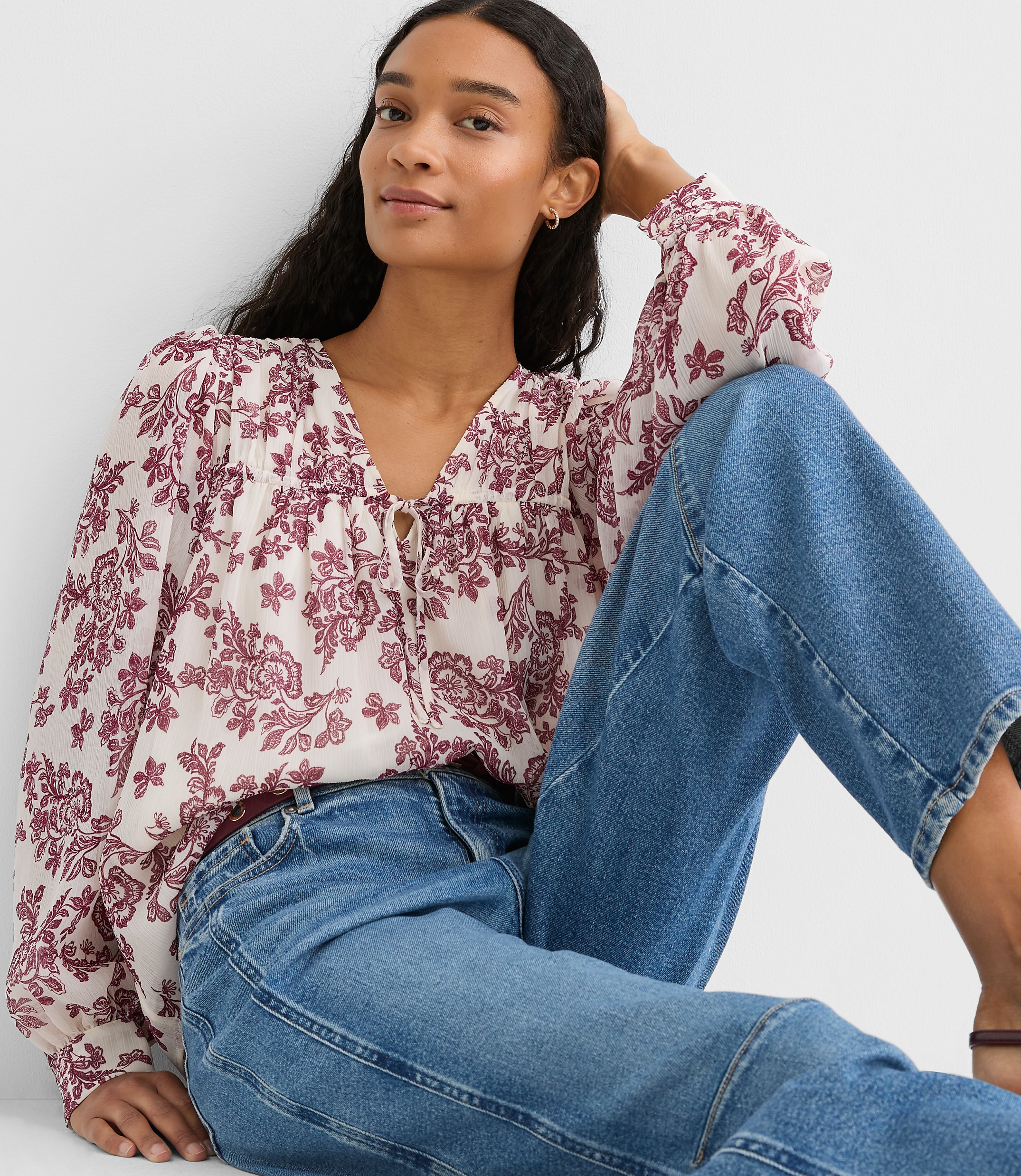 Geo Tucked Tie Neck Blouse