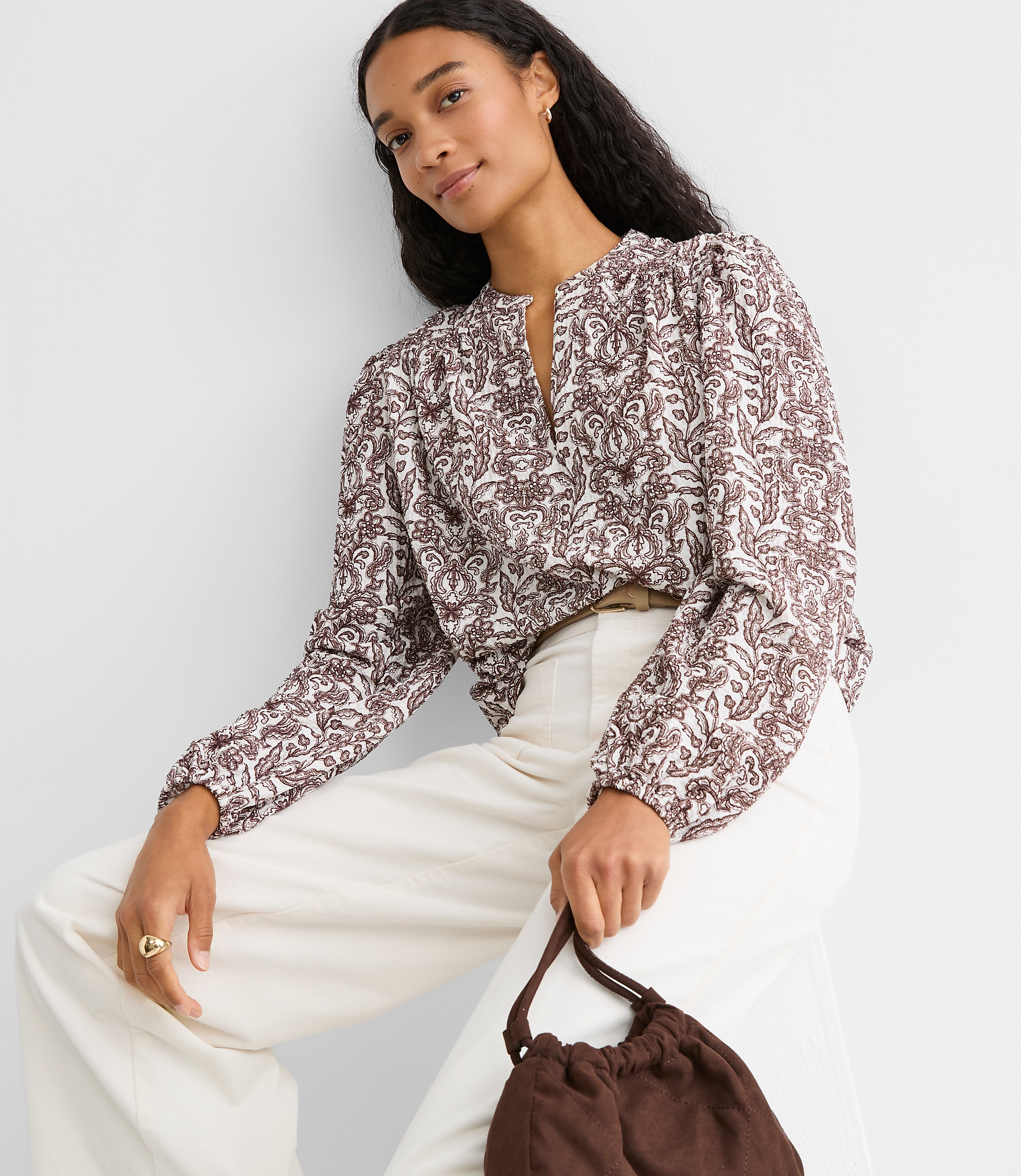 Lace Garden Crinkle Knit Split Neck Blouse
