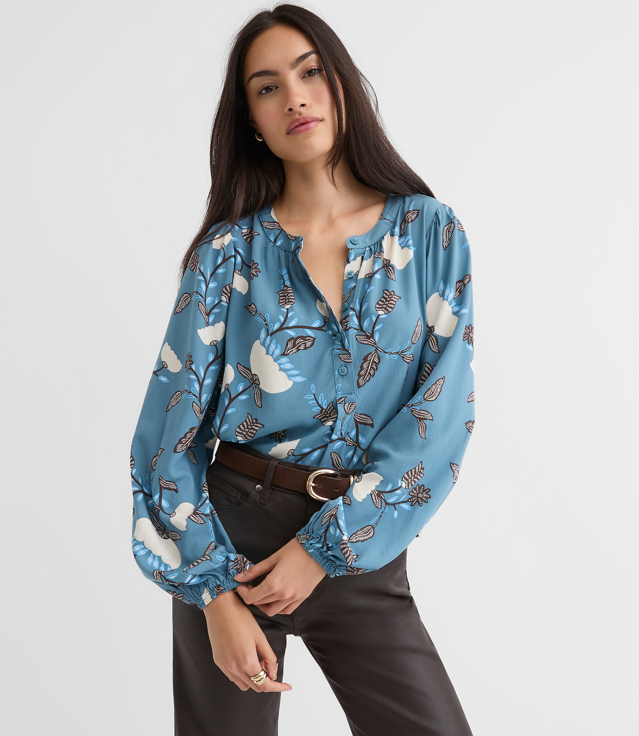 Garland Shirred Henley Blouse