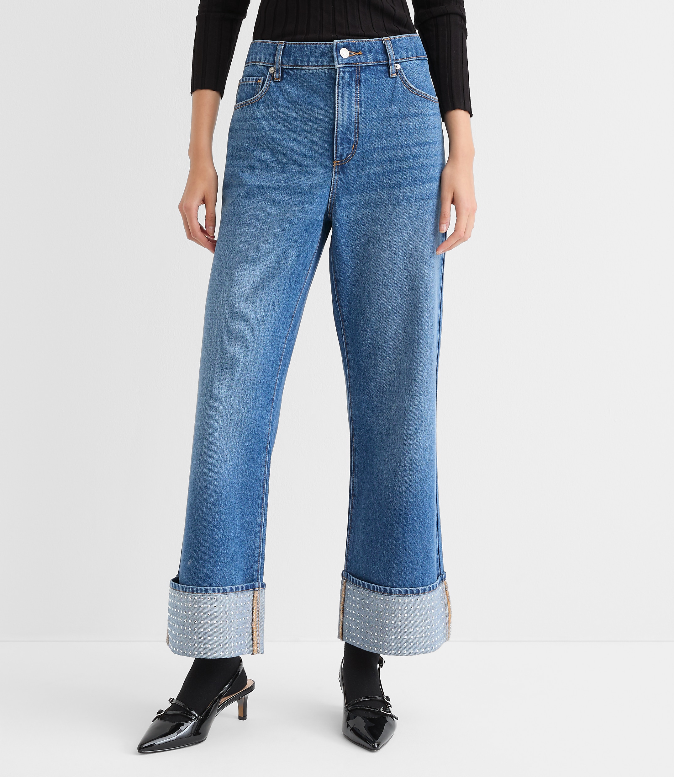 Curvy Embellished Cuffed High Rise Wide Leg Crop Jeans in Bright Mid Indigo Wash