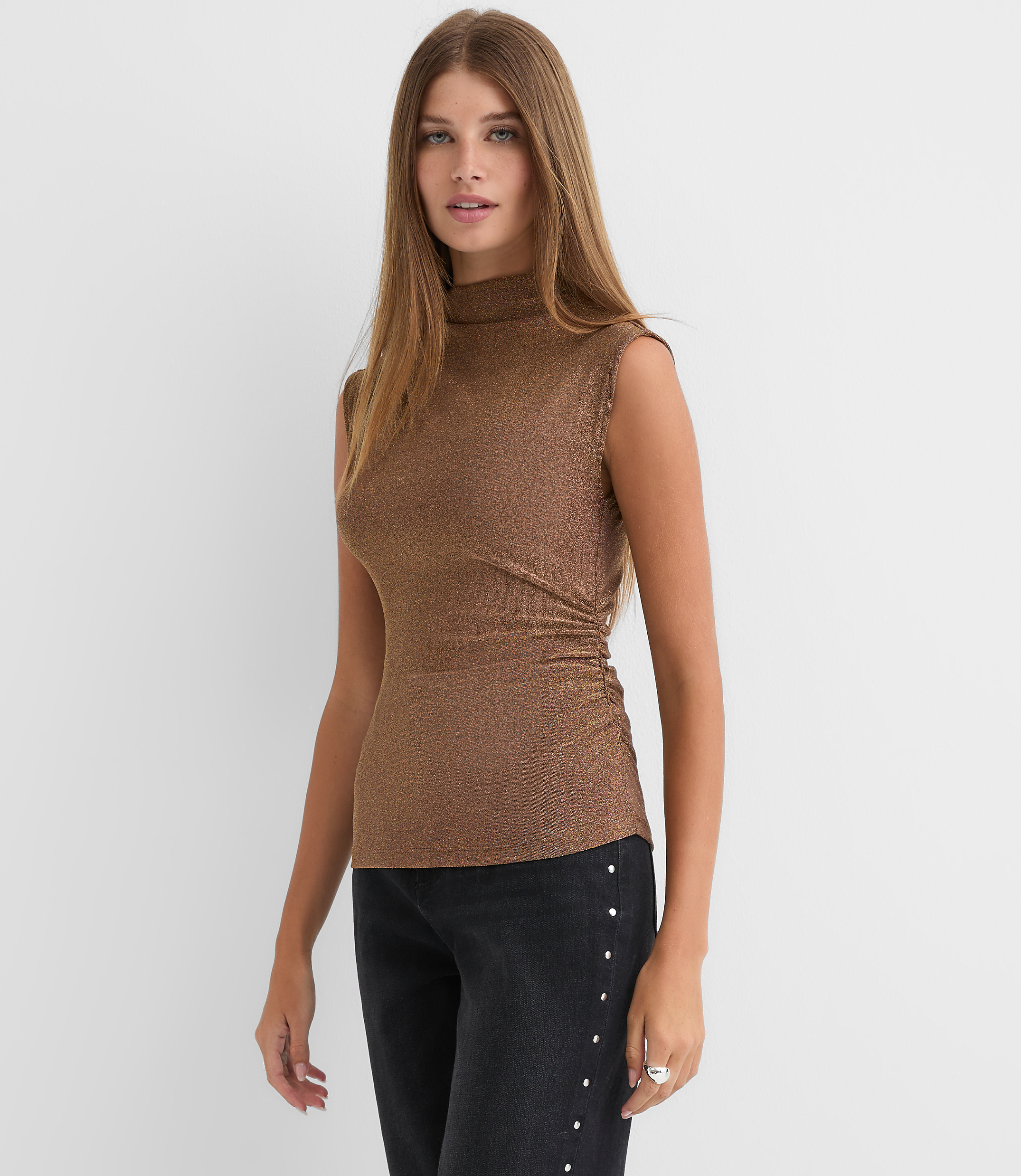 Shimmer Sleeveless Mock Neck Top