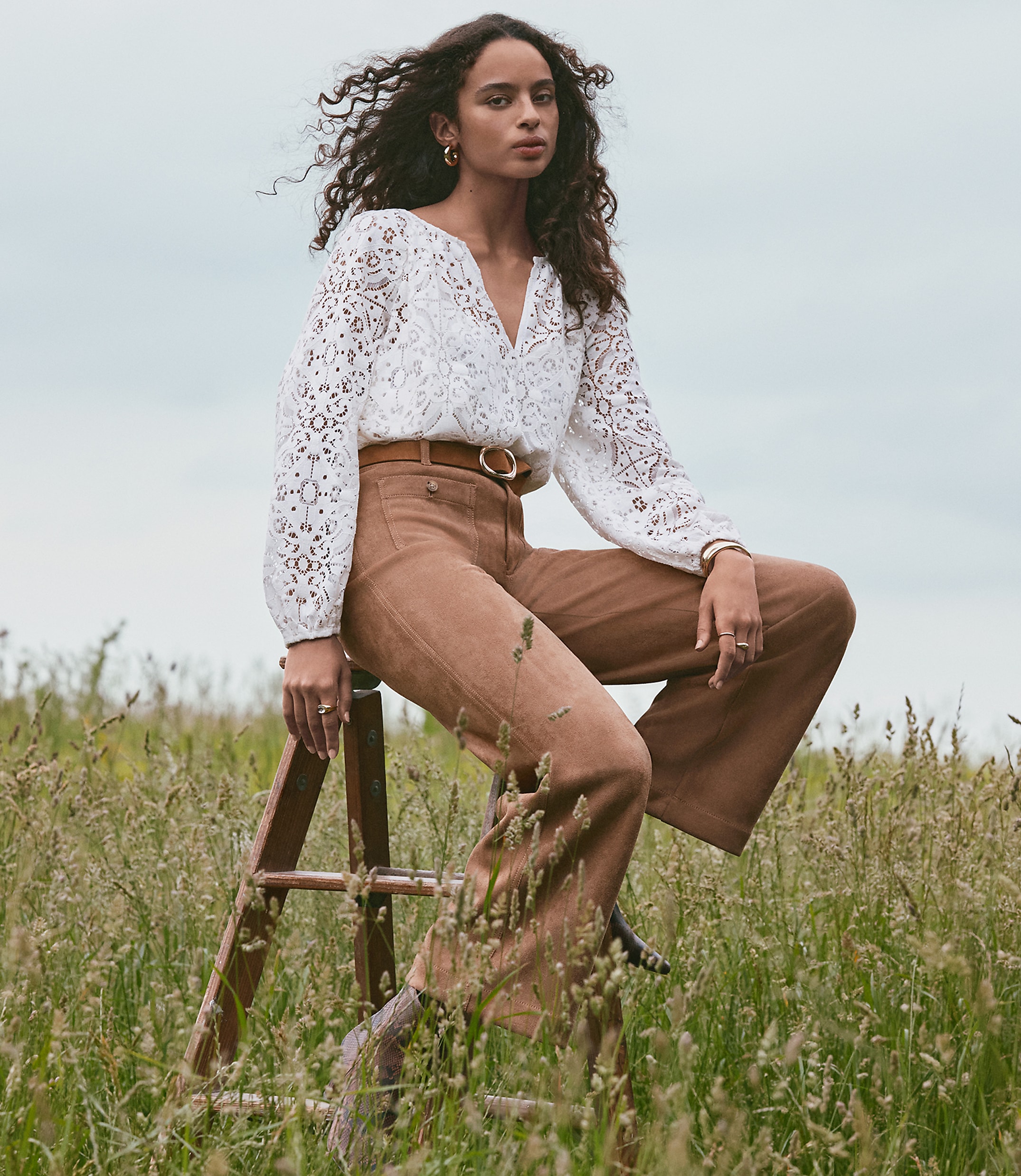 Petite Lace Split Neck Blouse