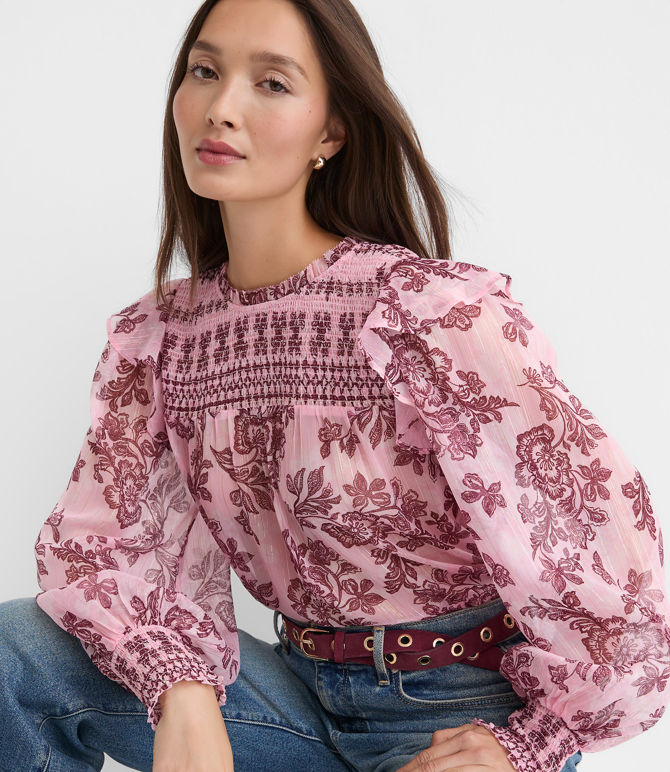 Shimmer Floral Smocked Ruffle Blouse