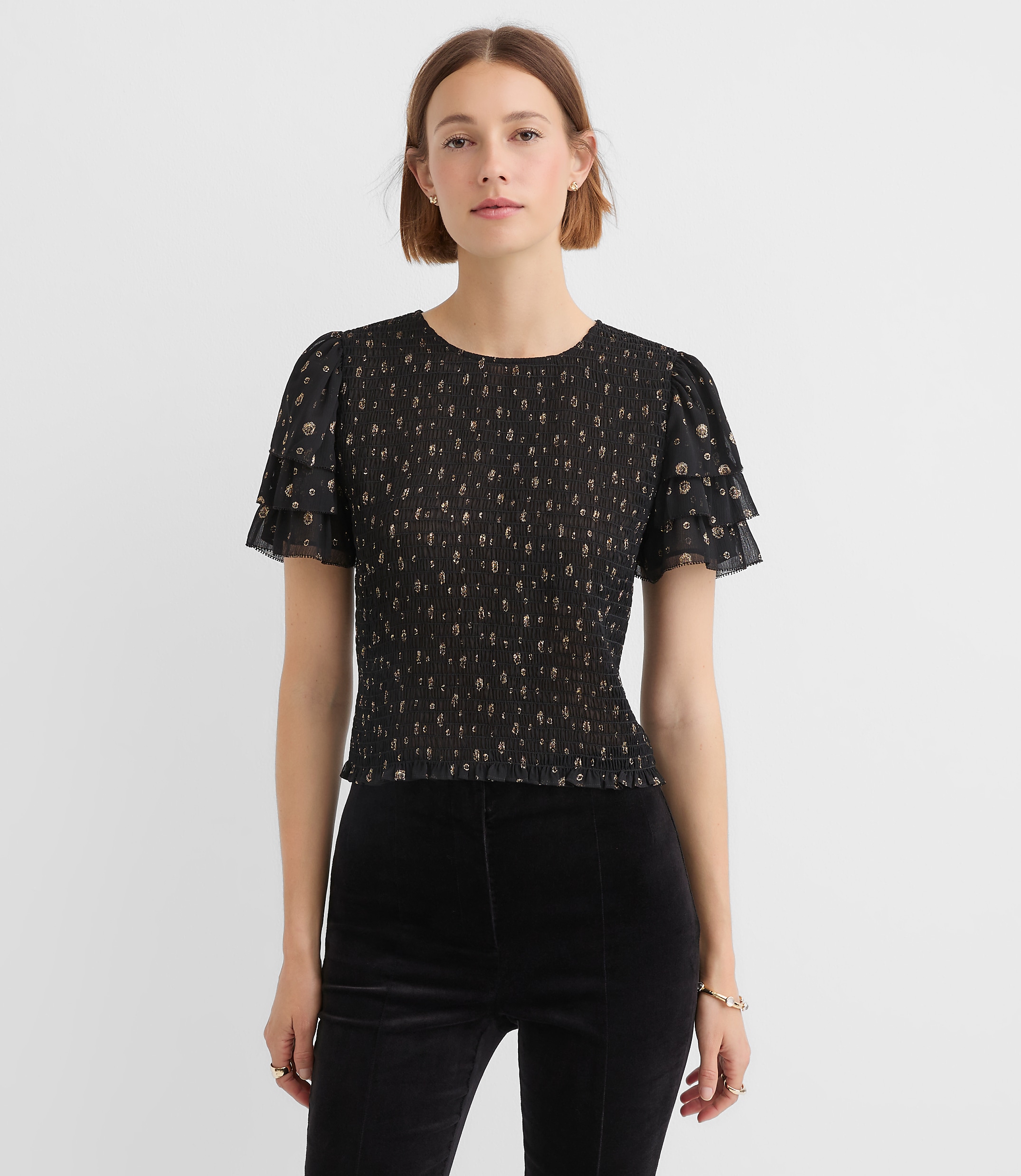 Petite Shimmer Dot Smocked Ruffle Top