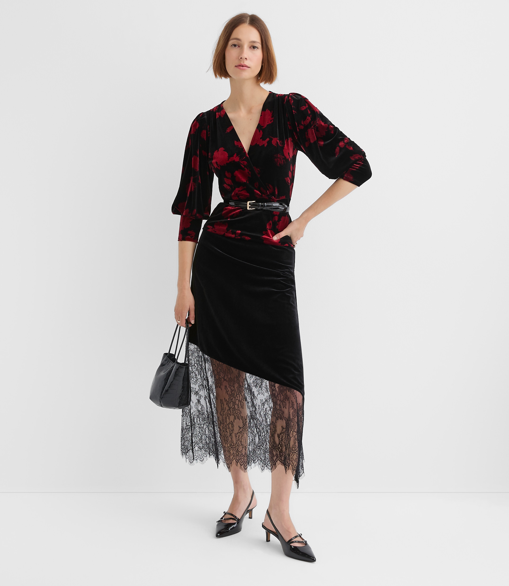 Tall Chantilly Lace Velvet Bias Midi Skirt