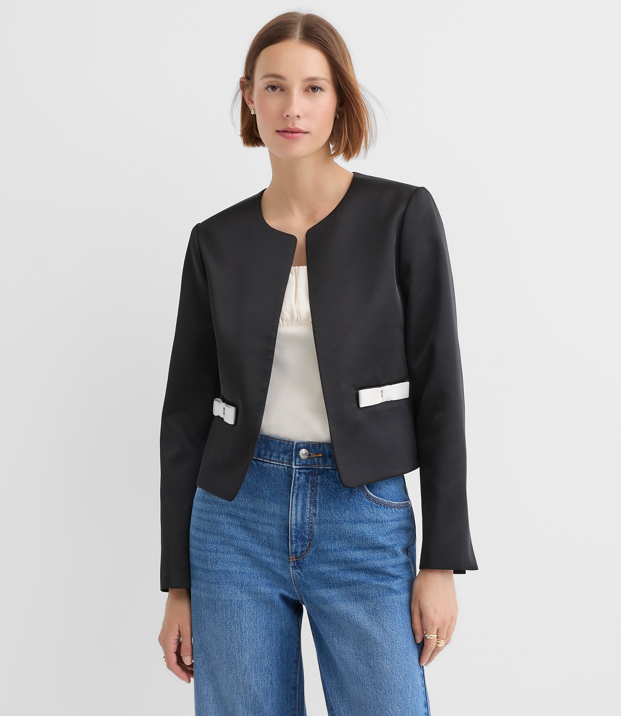 Satin Bow Pocket Collarless Jacket