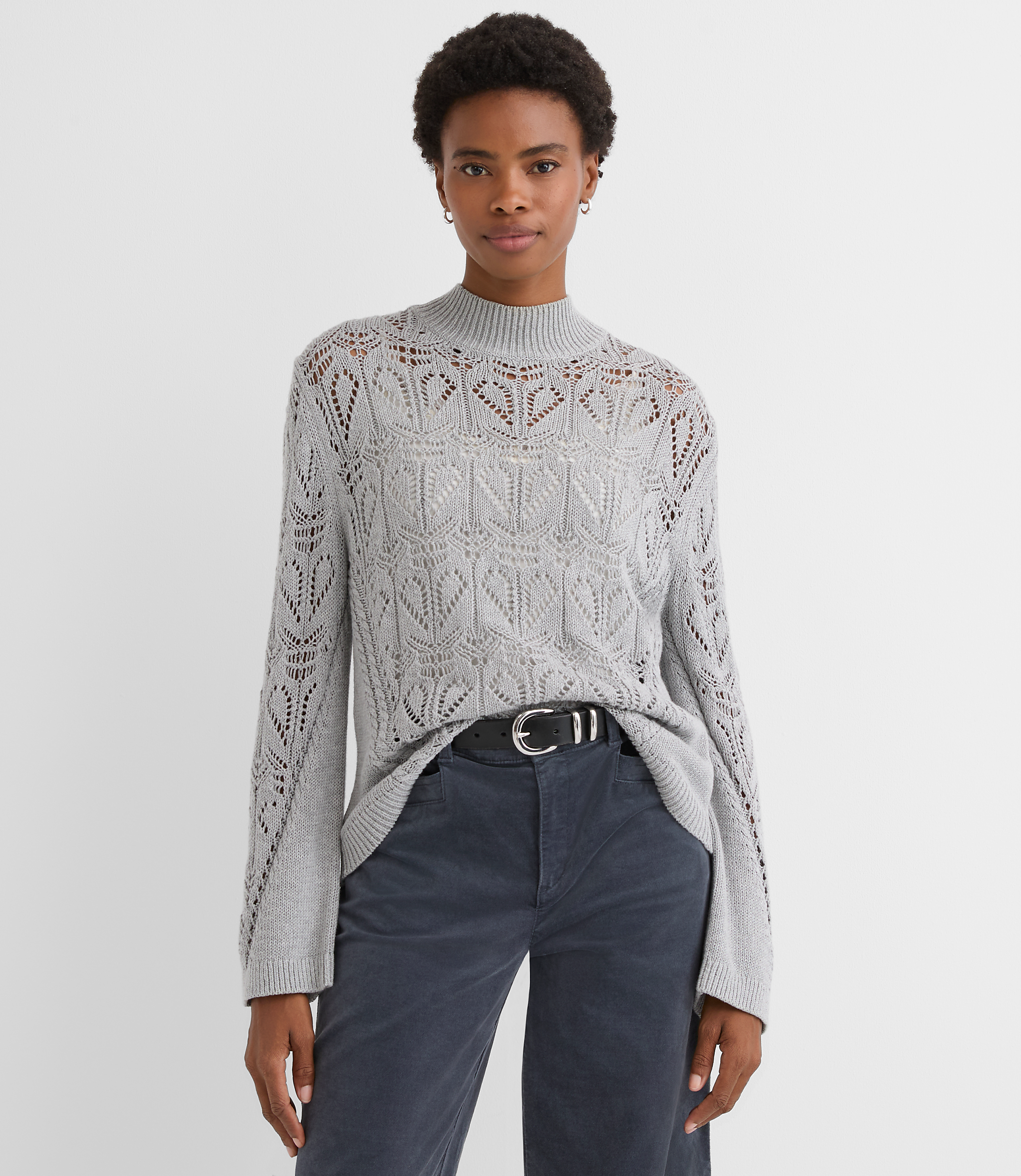 Melange Pointelle Flare Sleeve Sweater