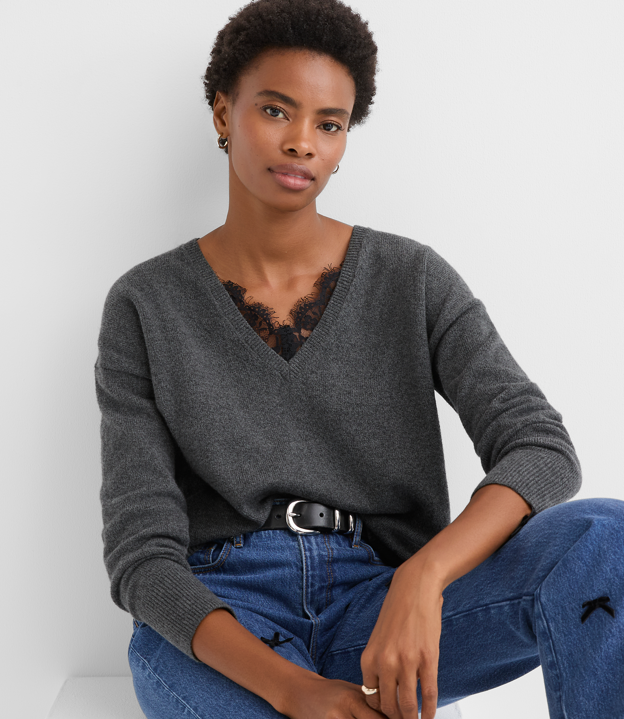 Lace Trim V-Neck Relaxed Everyday Sweater