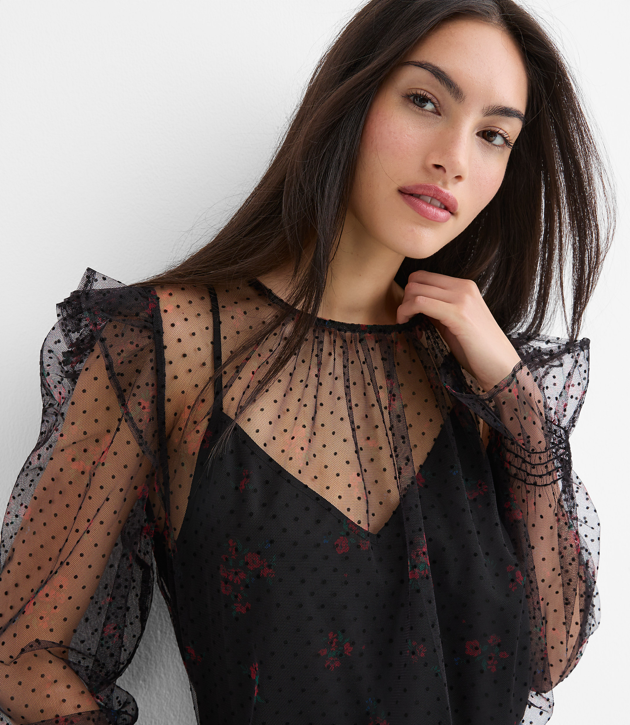 Petite Velvet Dot Tulle Floral Cami Blouse