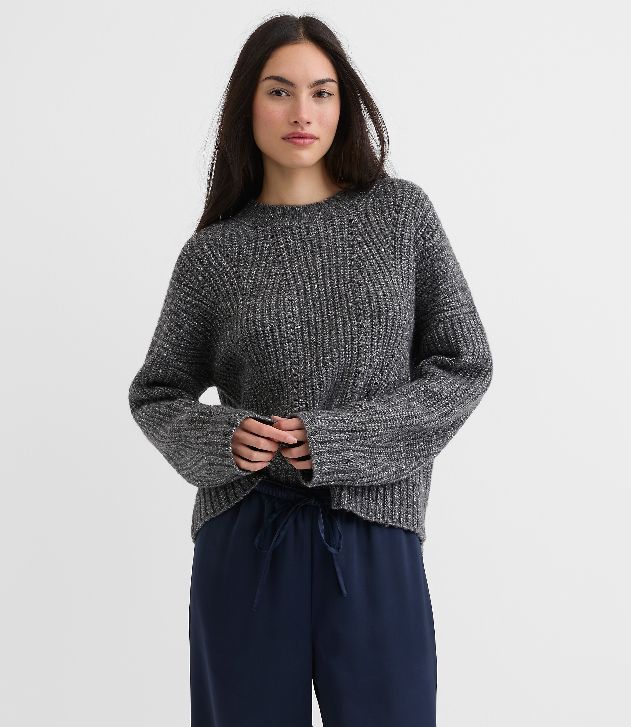 Petite Sequin Pointelle Ribbed Relaxed Sweater