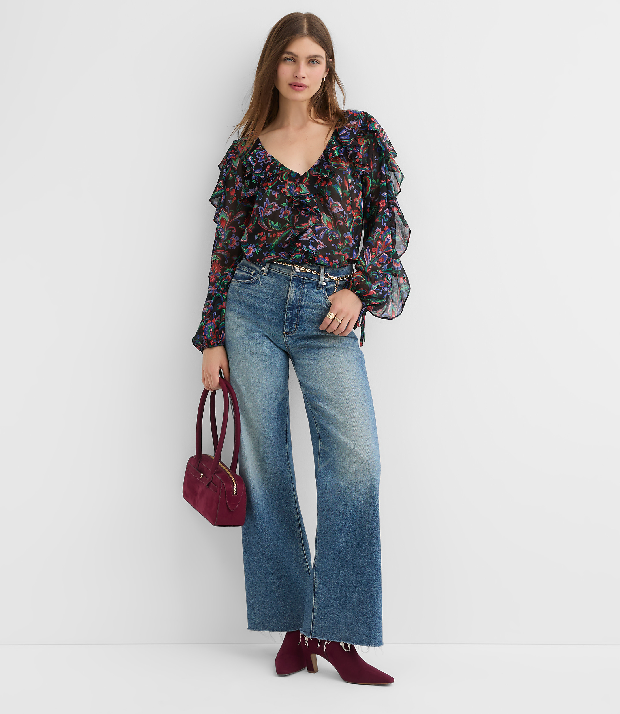 Petite Floral Ruffle Tie Cuff Blouse