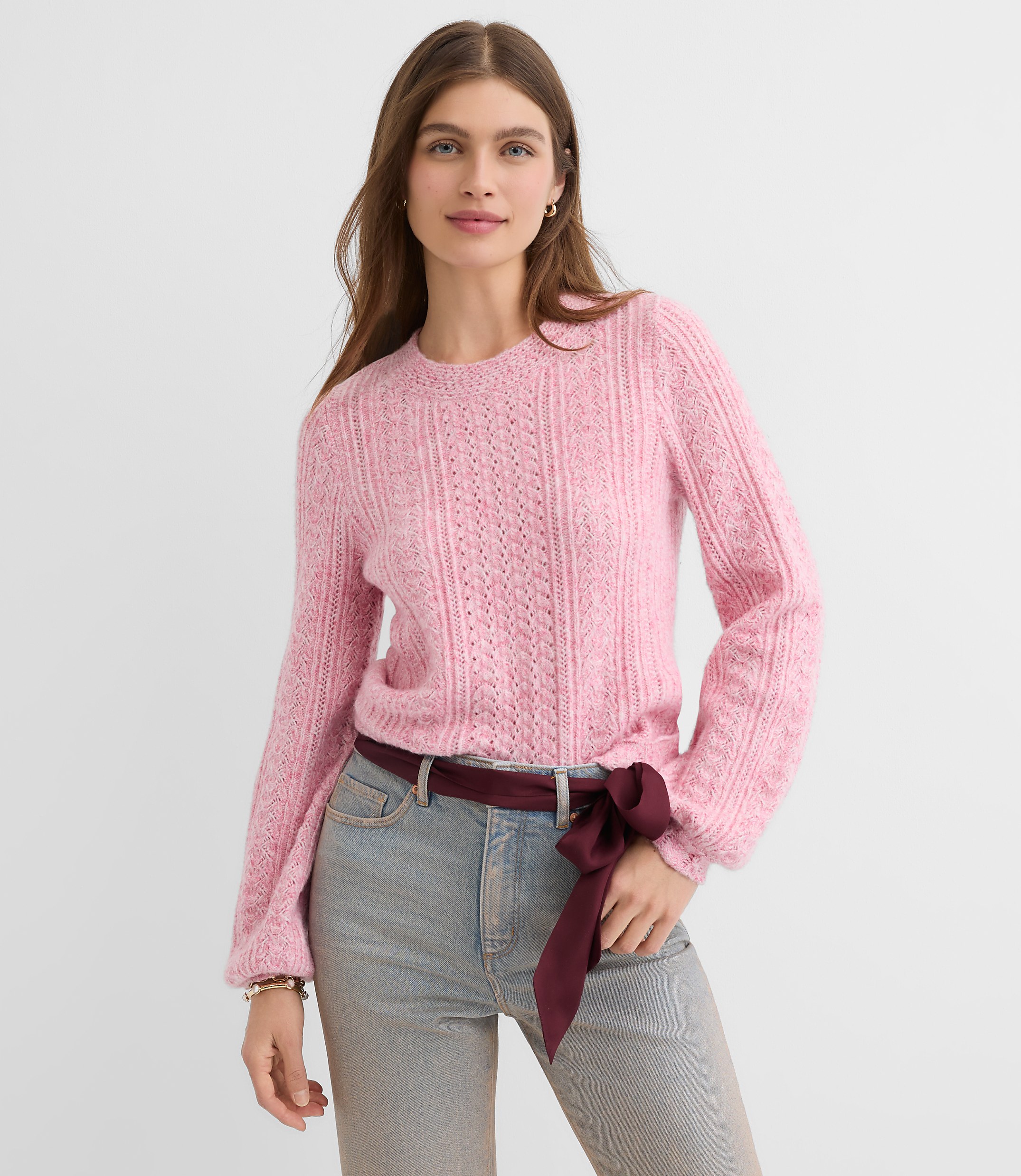 Petite Marled Pointelle Blouson Sweater
