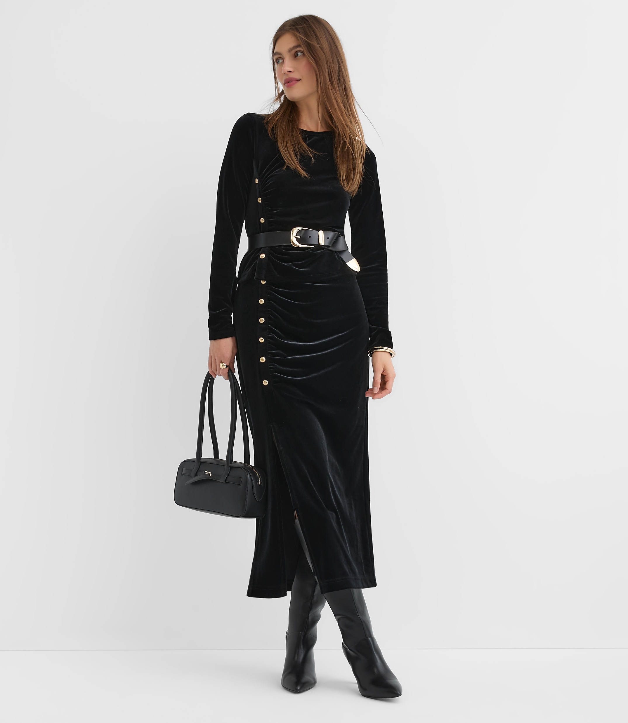 Velvet Ruched Button Midi Skirt