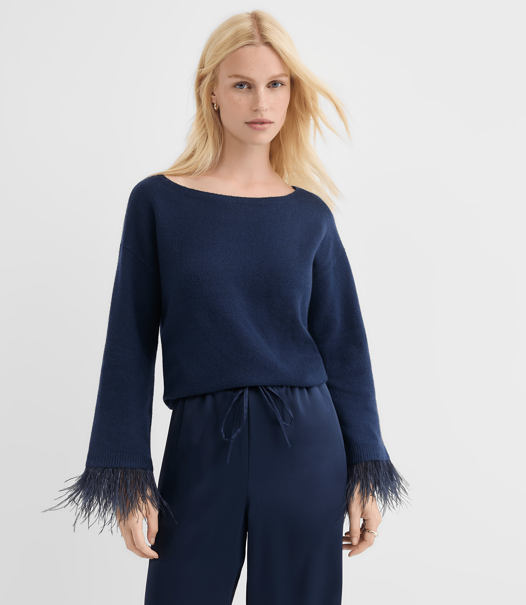 Feathered Cuff Boatneck Sweater