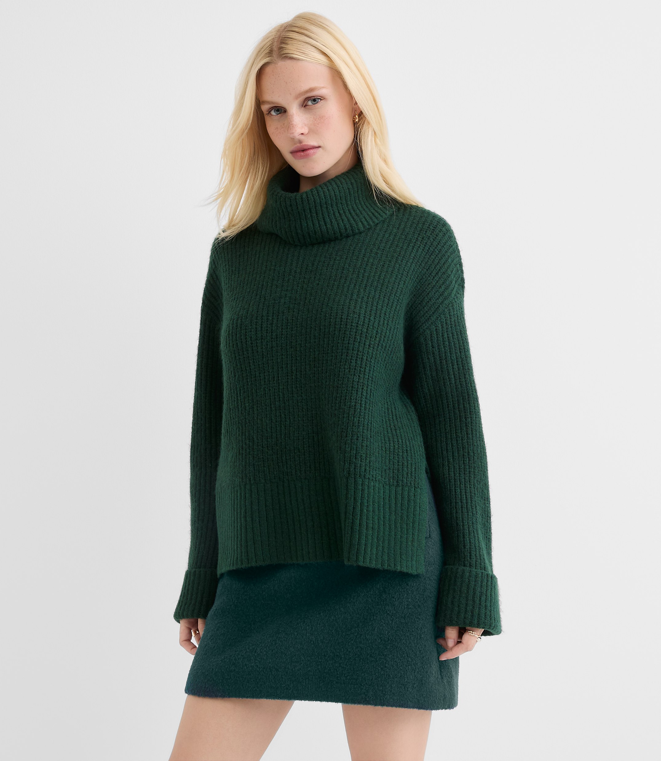 Cuffed Ribbed Mock Neck Sweater