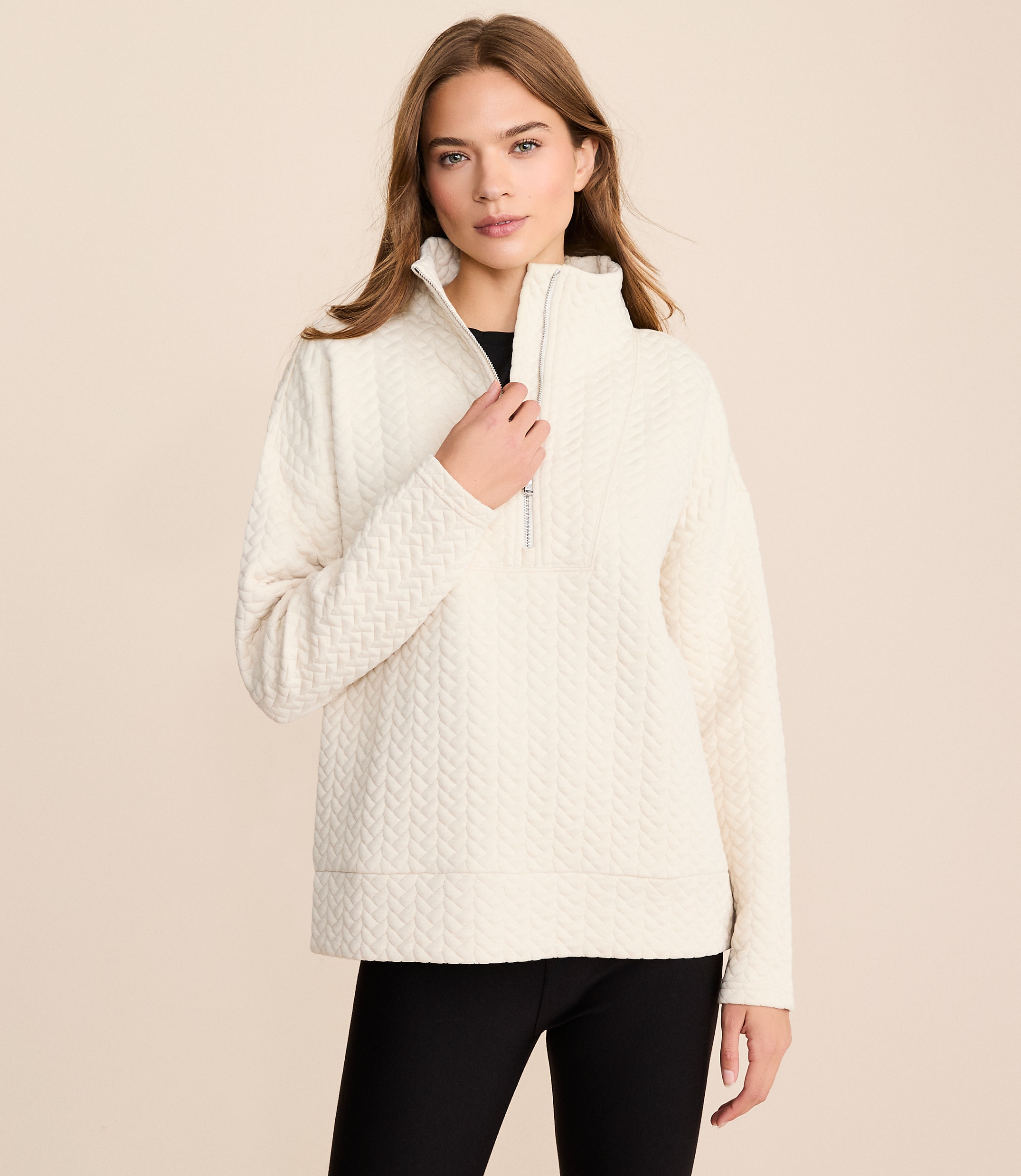 Lou & Grey Quilted Cable Jacquard Half Zip Top