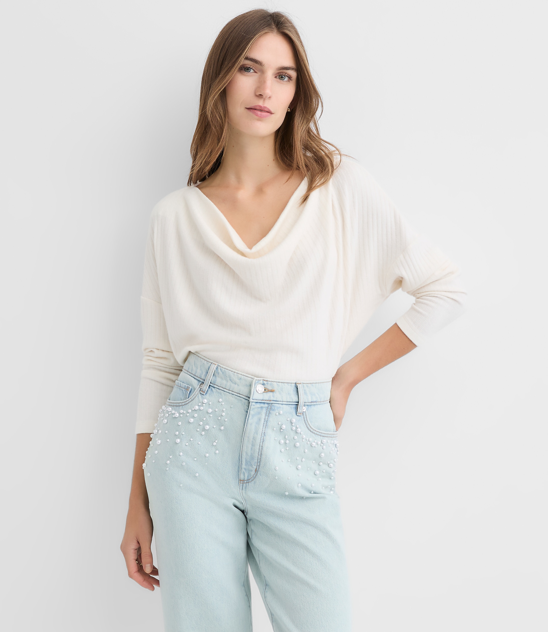 Petite Cozy Ribbed Cowl Neck Top