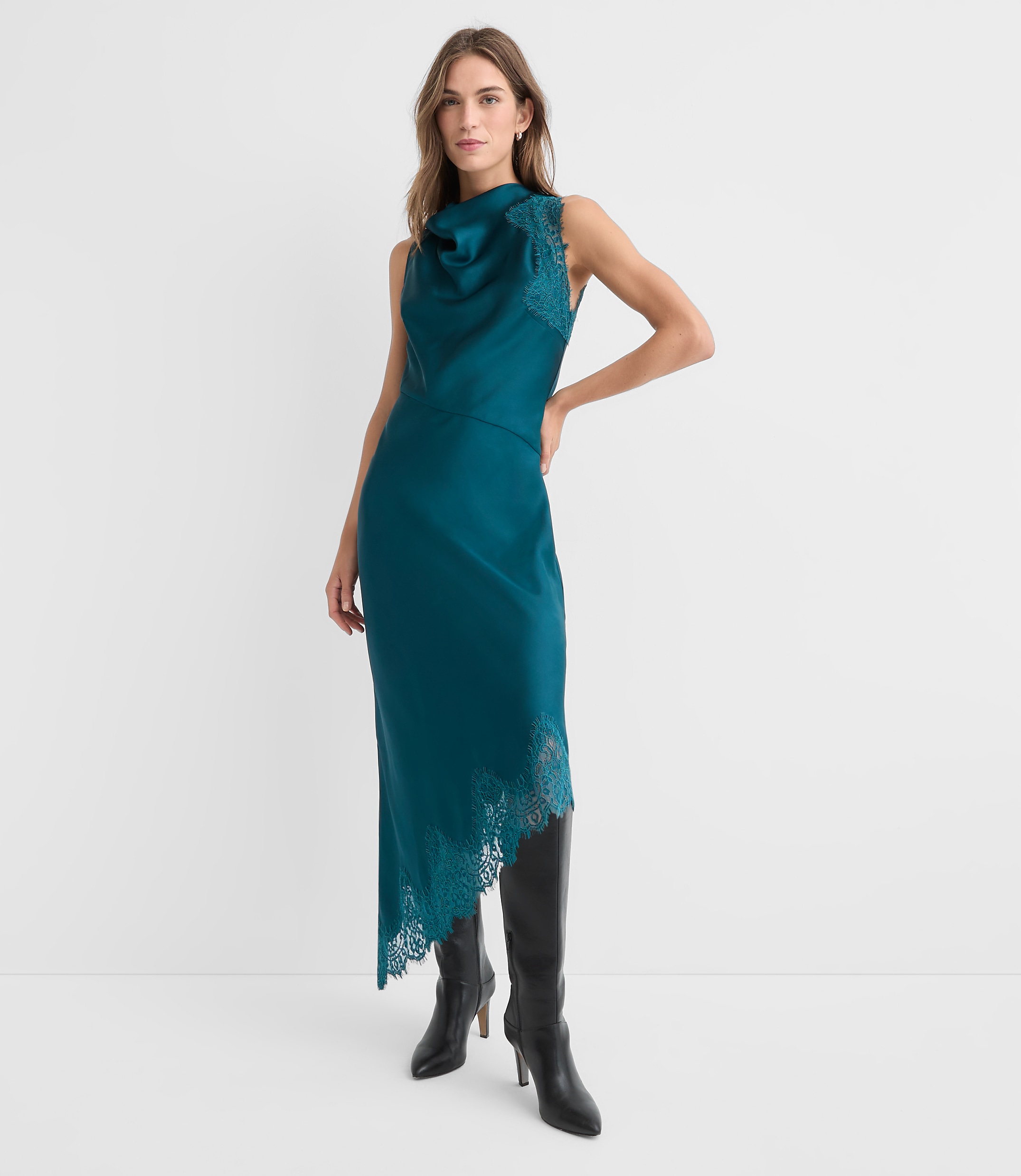 Petite Lace Trim Satin Bias Midi Dress