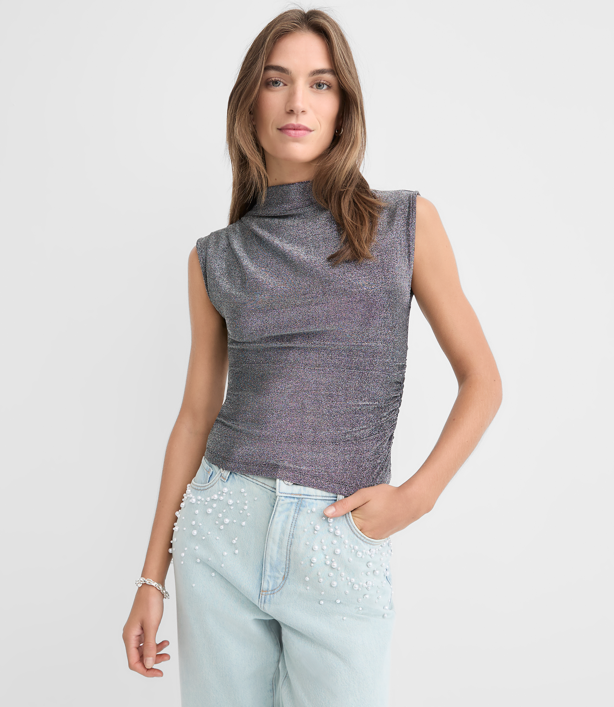 Petite Shimmer Sleeveless Mock Neck Top