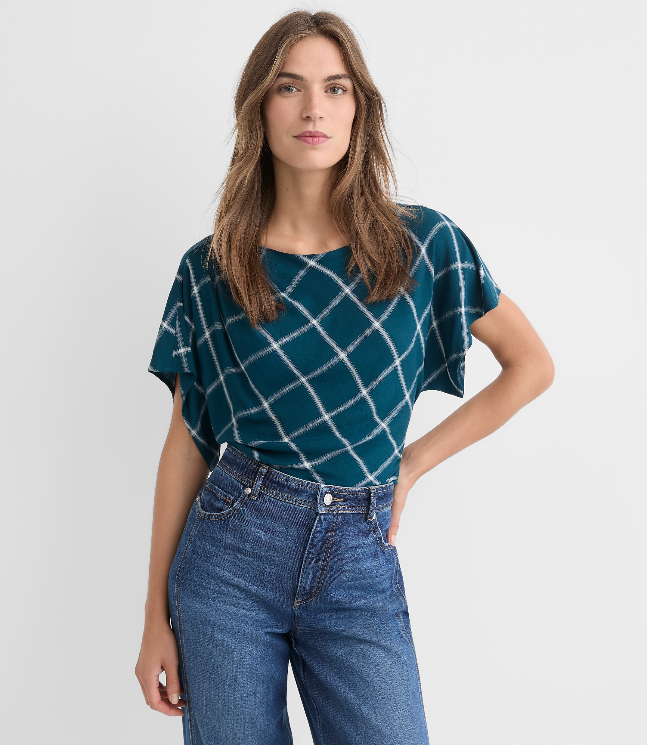 Petite Plaid Pleated Wedge Top