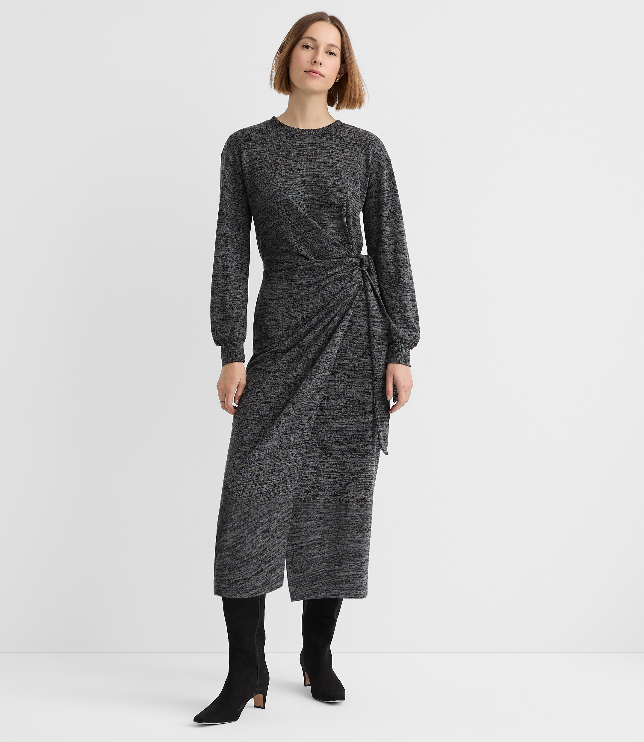 Sweater Knit Side Pleated Midi Wrap Dress