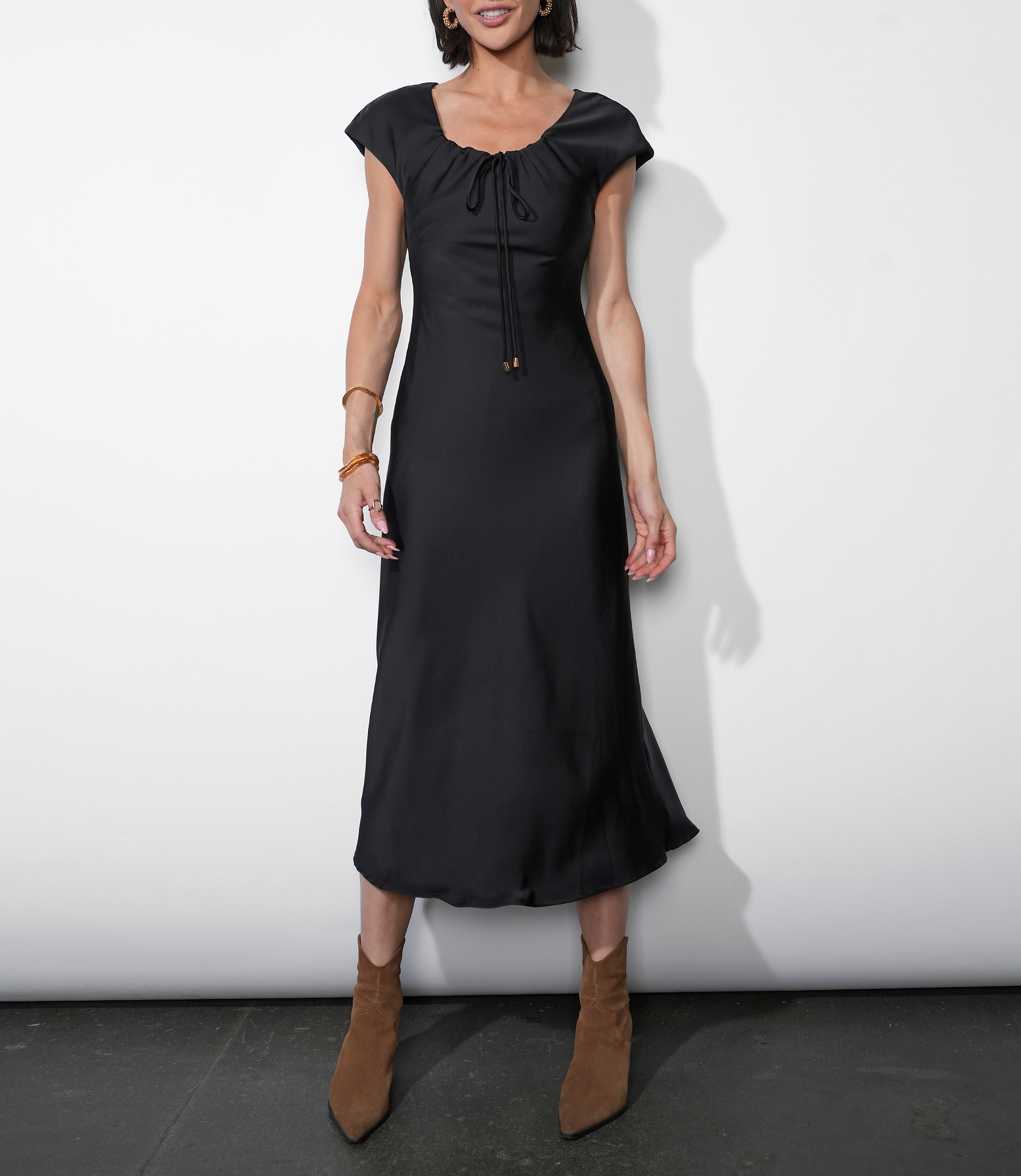 Greylin Inez Neck Drawstring Satin Midi Dress